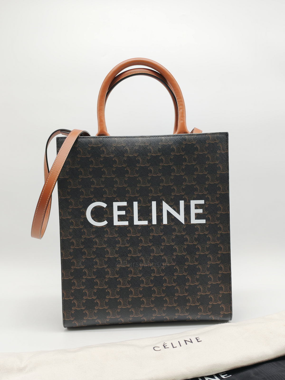 Celine Triomphe Canvas and Tan Calfskin Leather Small Vertical Cabas | Purse Maison Luxury Bags Shop