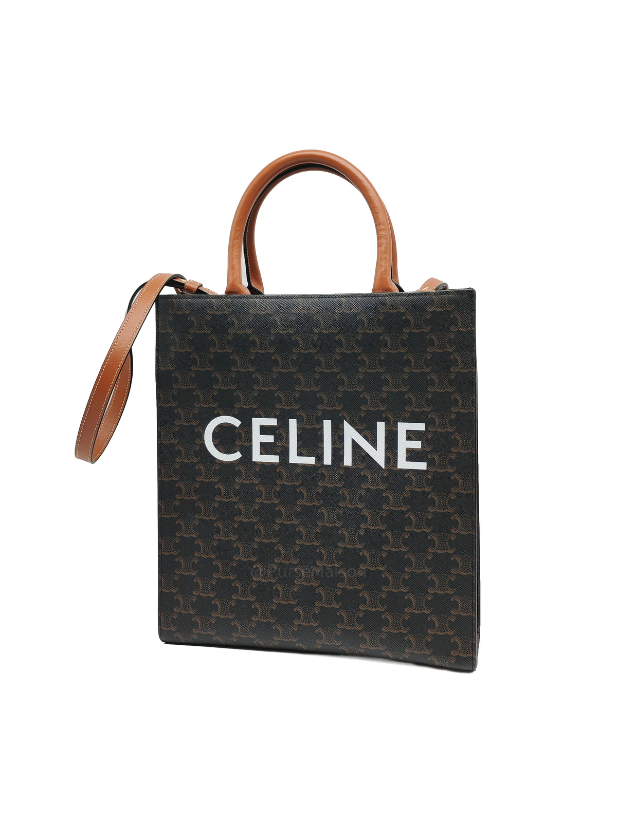 Celine Triomphe Canvas and Tan Calfskin Leather Small Vertical Cabas | Purse Maison Luxury Bags Shop