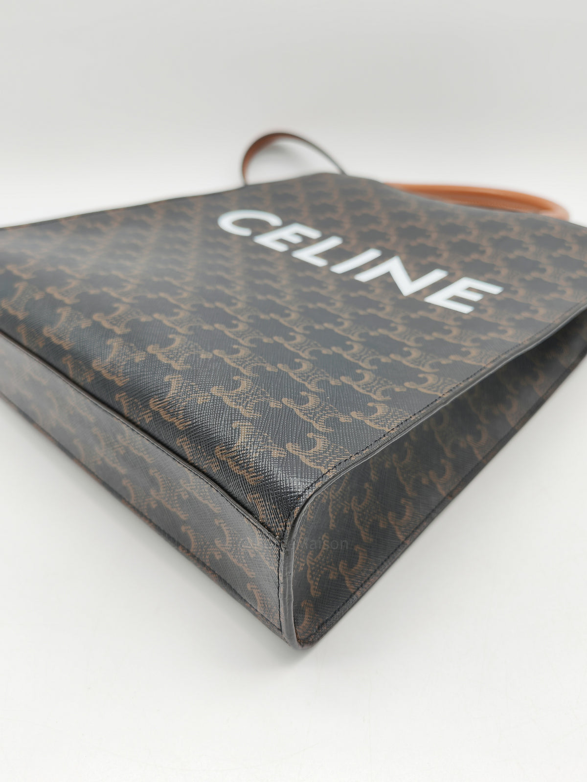 Celine Triomphe Canvas and Tan Calfskin Leather Small Vertical Cabas | Purse Maison Luxury Bags Shop