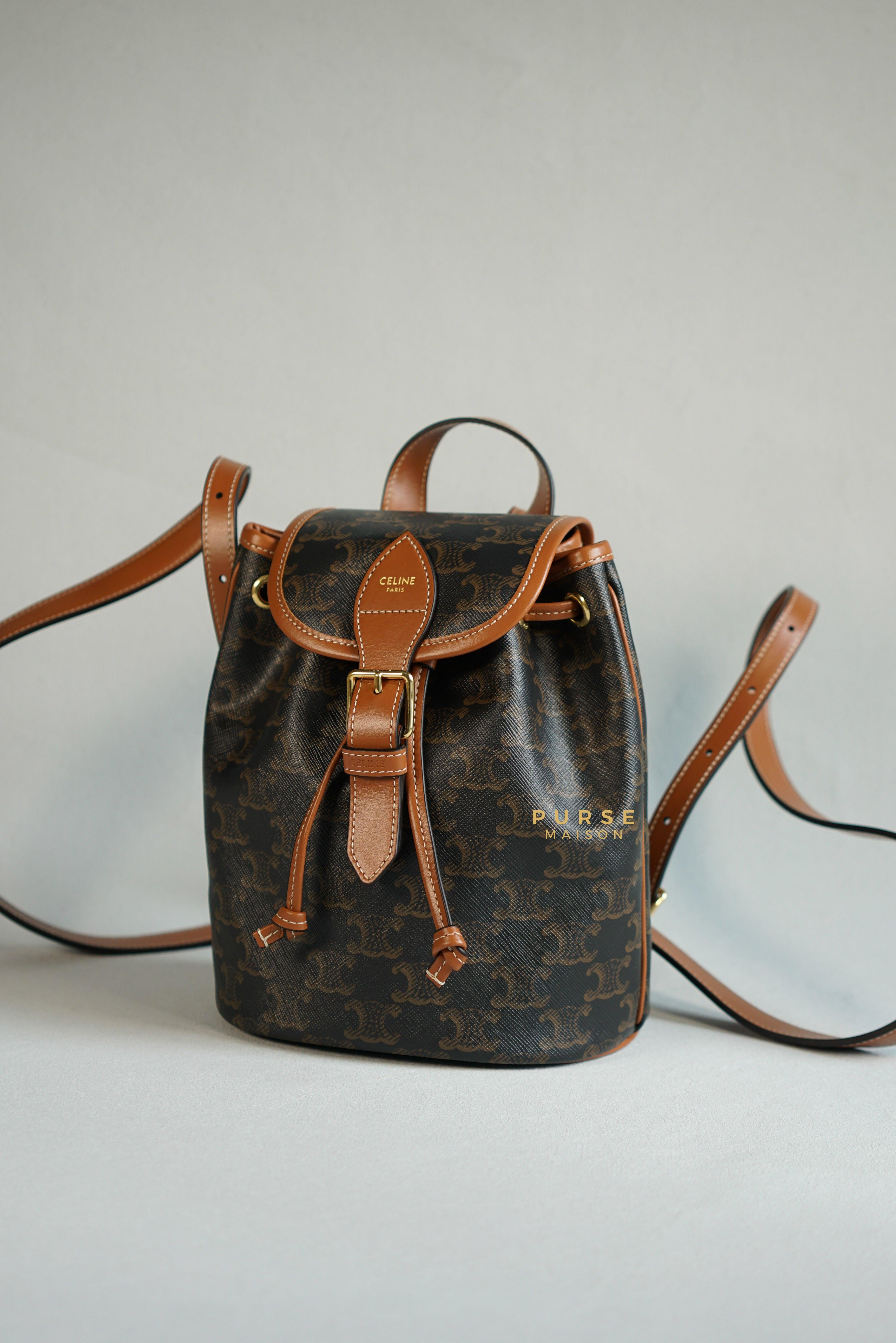 CELINE Triomphe Canvas Mini backpack folco in triomphe canvas and calfskin  (197662CAS.01BC, 197662CAS.04LU) in 2023