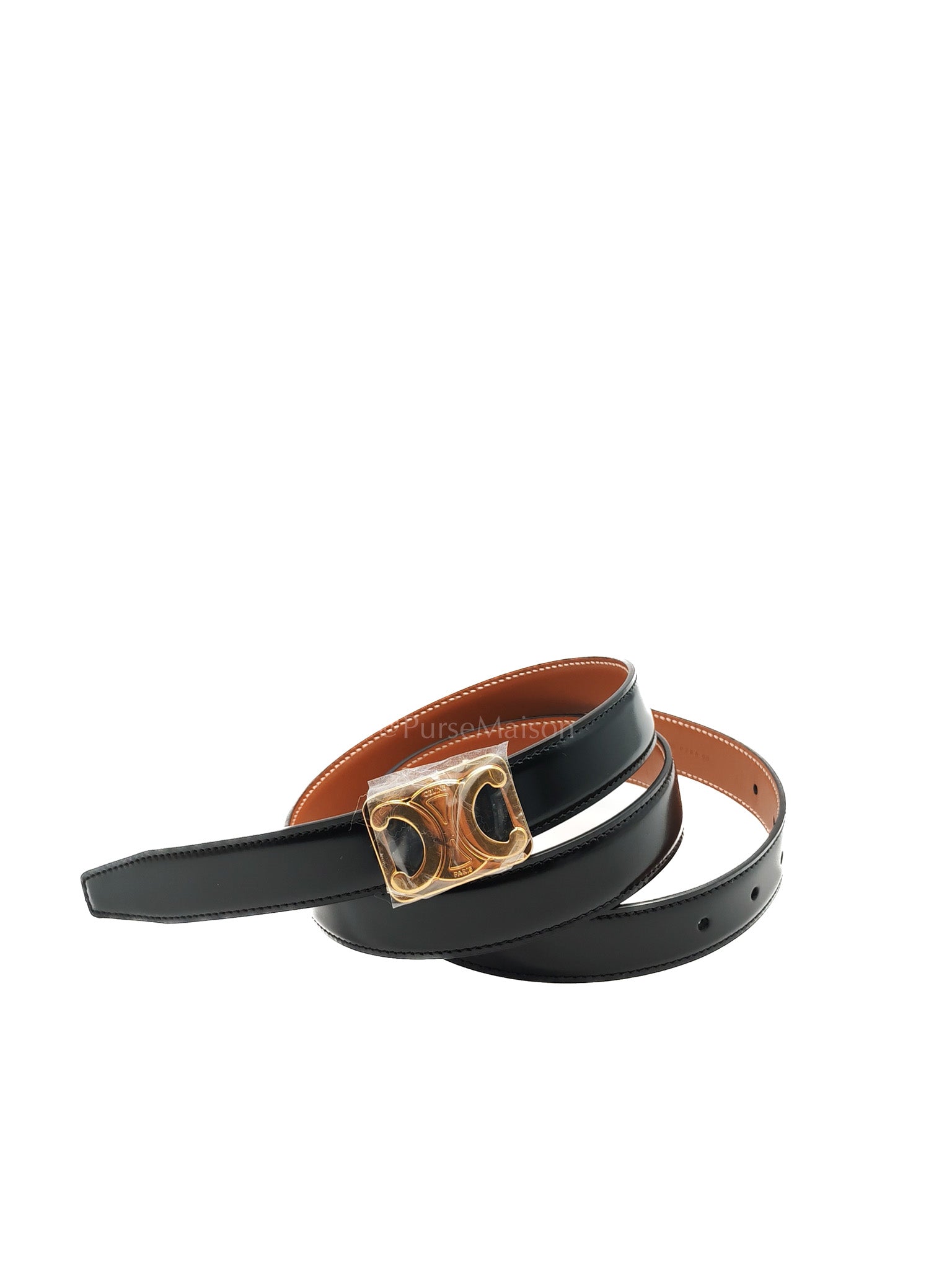Celine Reversible Triomphe Belt in Black/Tan Calfskin Leather & Gold Hardware
