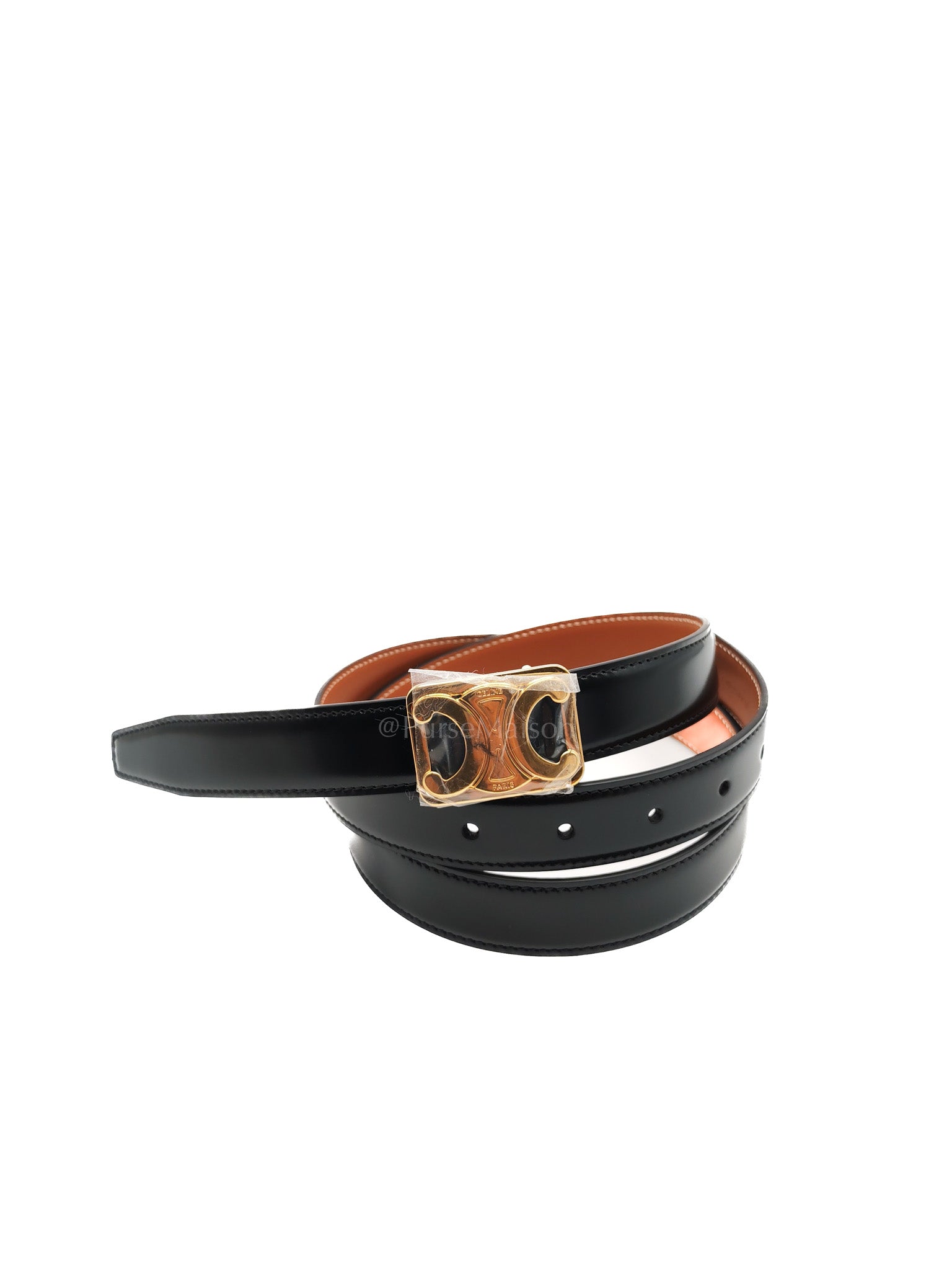 Celine Reversible Triomphe Belt in Black/Tan Calfskin Leather & Gold Hardware