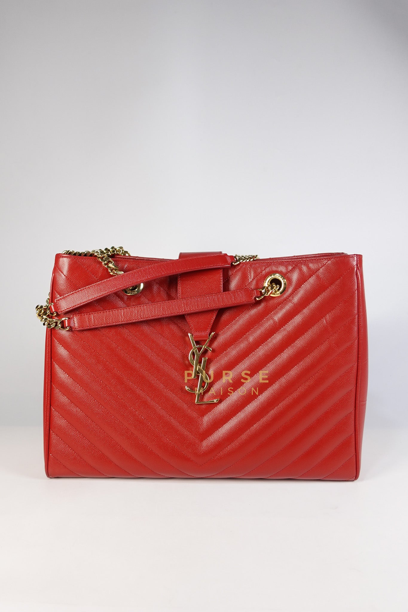Chain Bo Cassandre Large Tote Bag in Red Chevron Quilted Grained Leather Monogram | Purse Maison Luxury Bags Shop