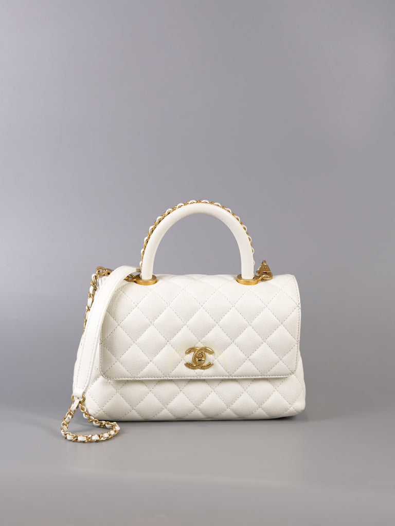 Chain Coco Handle Small in White Caviar Leather and Aged Gold Hardware (Microchip) | Purse Maison Luxury Bags Shop