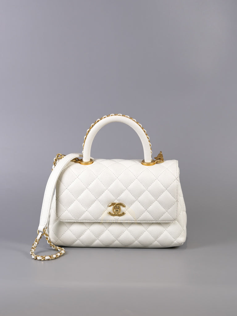 Chain Coco Handle Small in White Caviar Leather and Aged Gold Hardware (Microchip) | Purse Maison Luxury Bags Shop