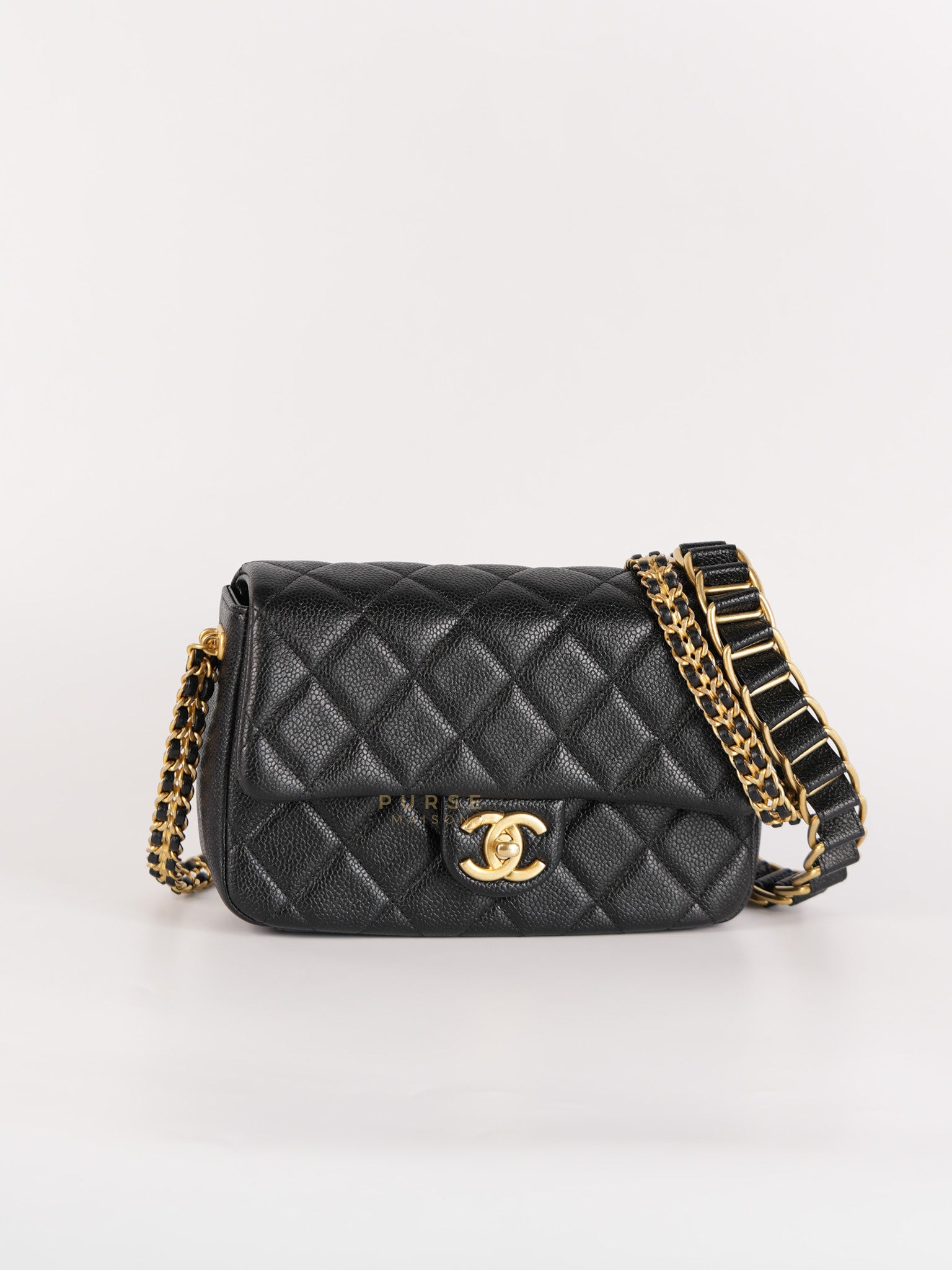Chain Soul Flap in Black Caviar Leather and Aged Gold Hardware (Microchip) | Purse Maison Luxury Bags Shop