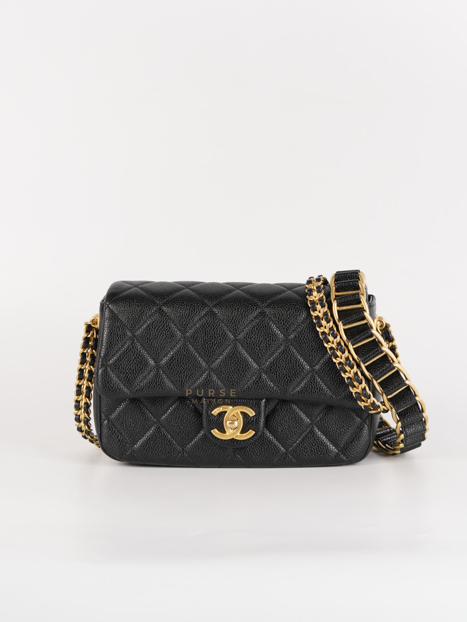 Chain Soul Flap in Black Caviar Leather and Aged Gold Hardware (Microchip) | Purse Maison Luxury Bags Shop