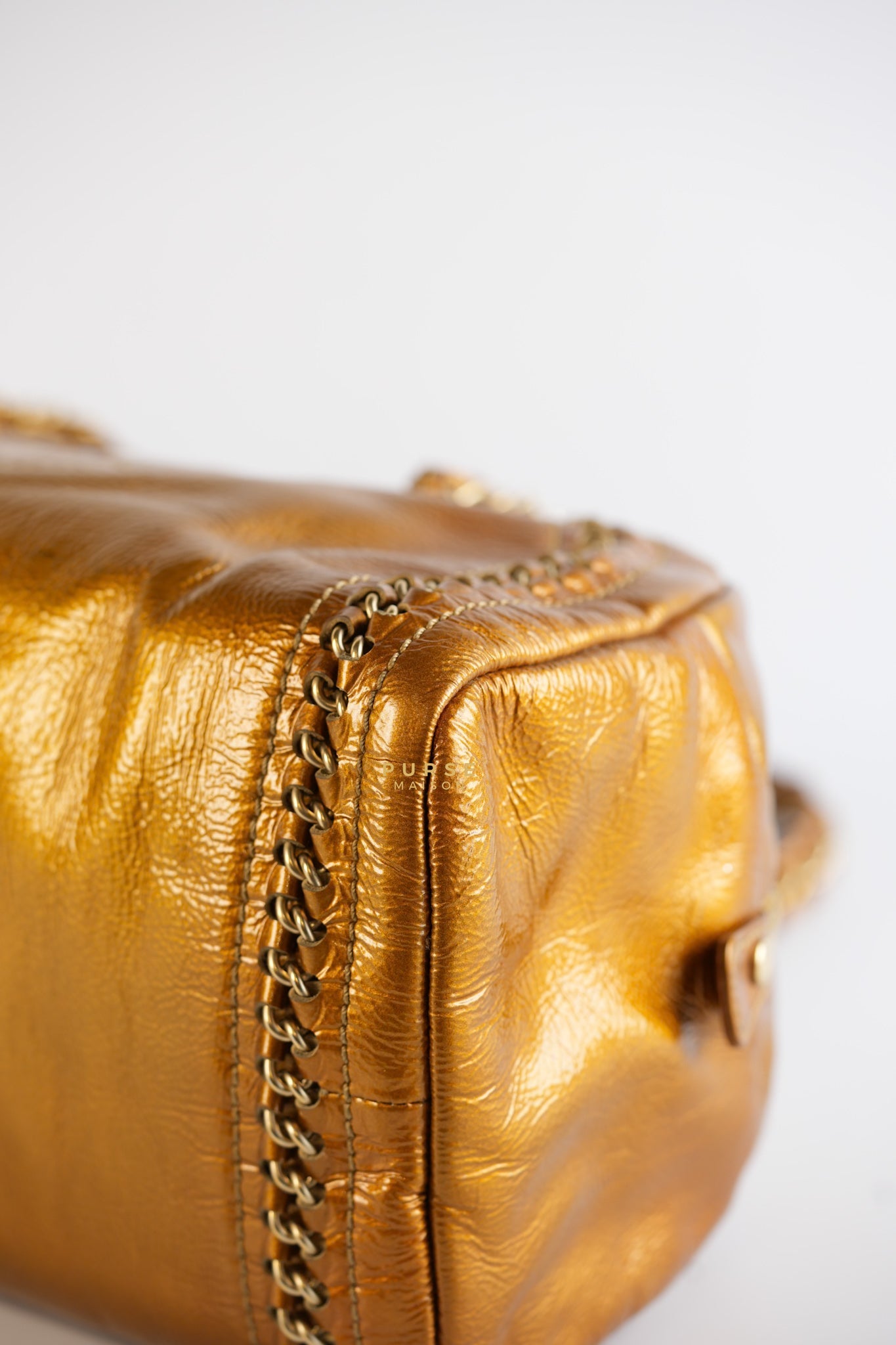 Chain Trim Luxe Ligne Bowler Bag in Metallic Gold Leather & Gold Hardware Series 11 | Purse Maison Luxury Bags Shop