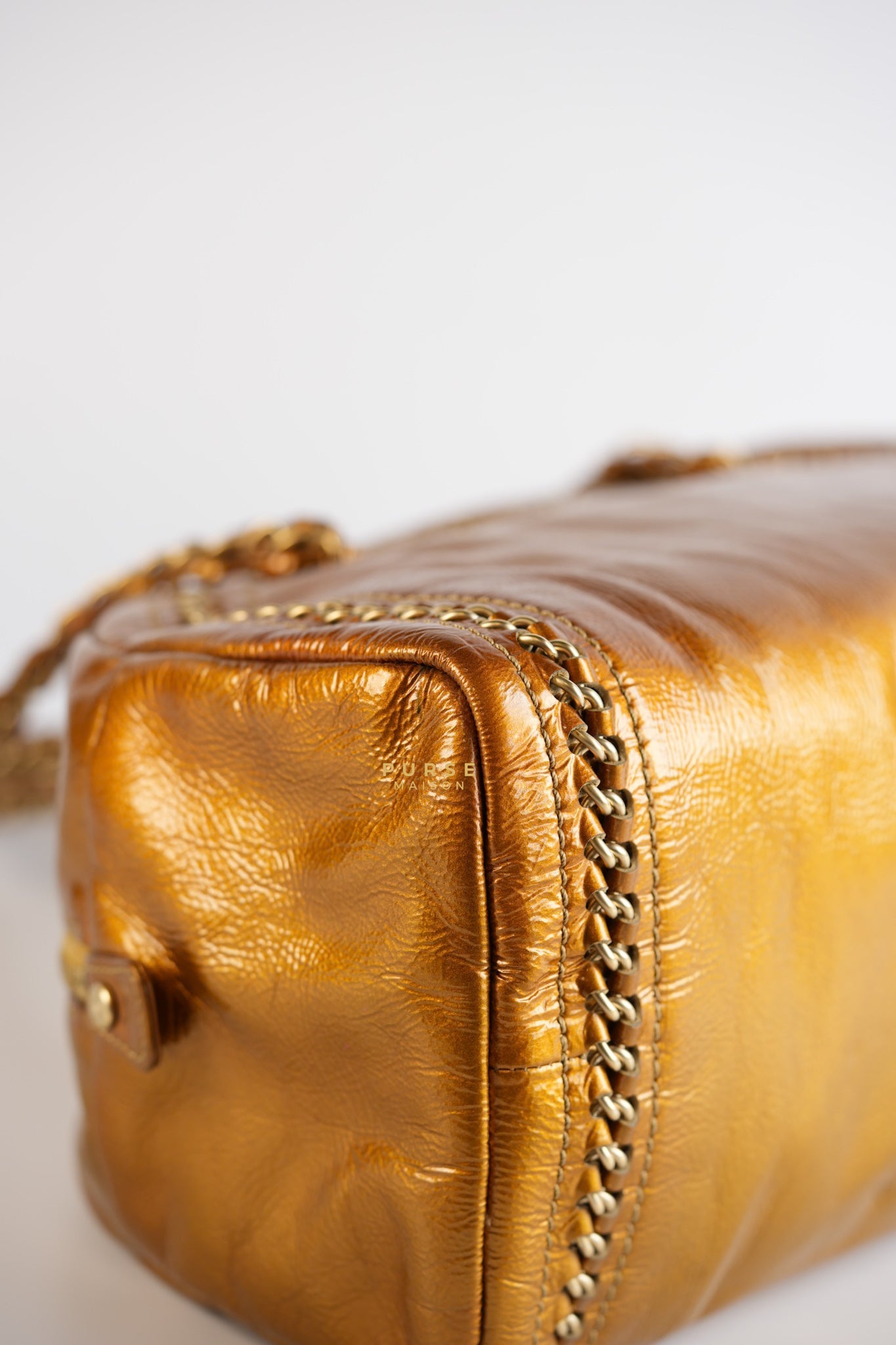 Chain Trim Luxe Ligne Bowler Bag in Metallic Gold Leather & Gold Hardware Series 11 | Purse Maison Luxury Bags Shop