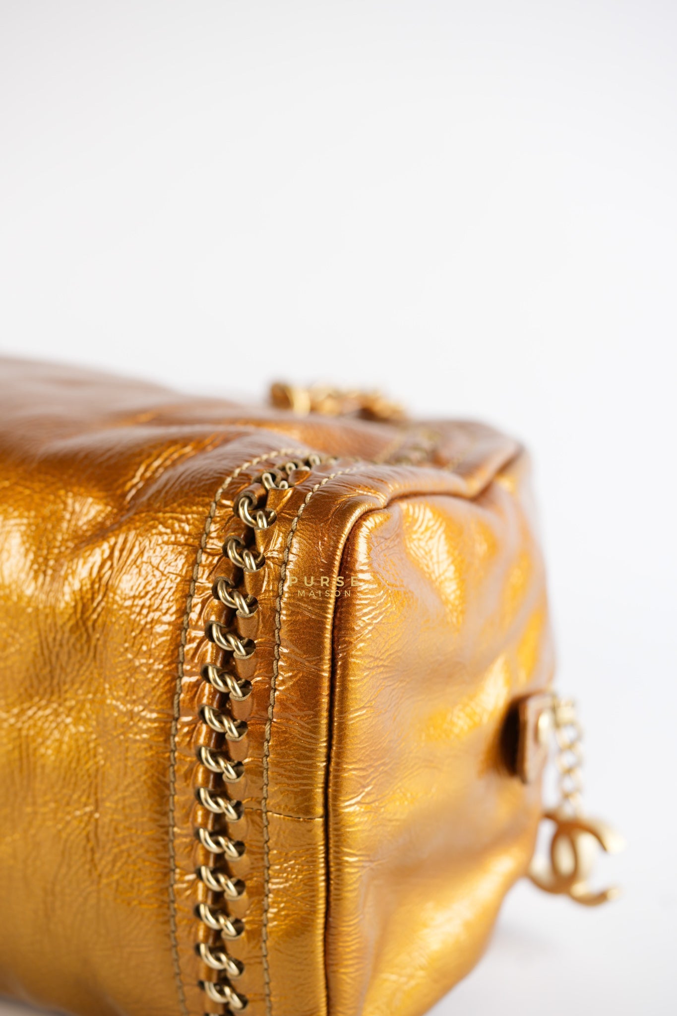 Chain Trim Luxe Ligne Bowler Bag in Metallic Gold Leather & Gold Hardware Series 11 | Purse Maison Luxury Bags Shop