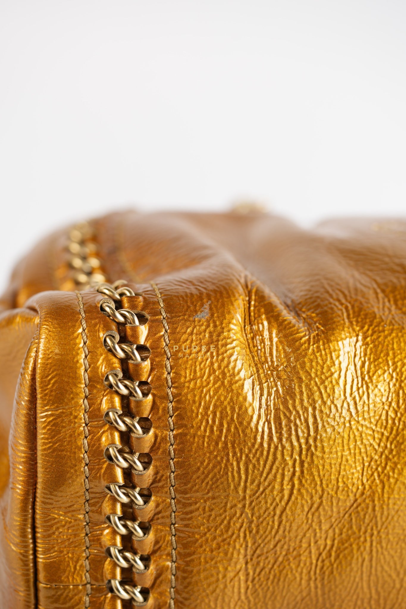 Chain Trim Luxe Ligne Bowler Bag in Metallic Gold Leather & Gold Hardware Series 11 | Purse Maison Luxury Bags Shop