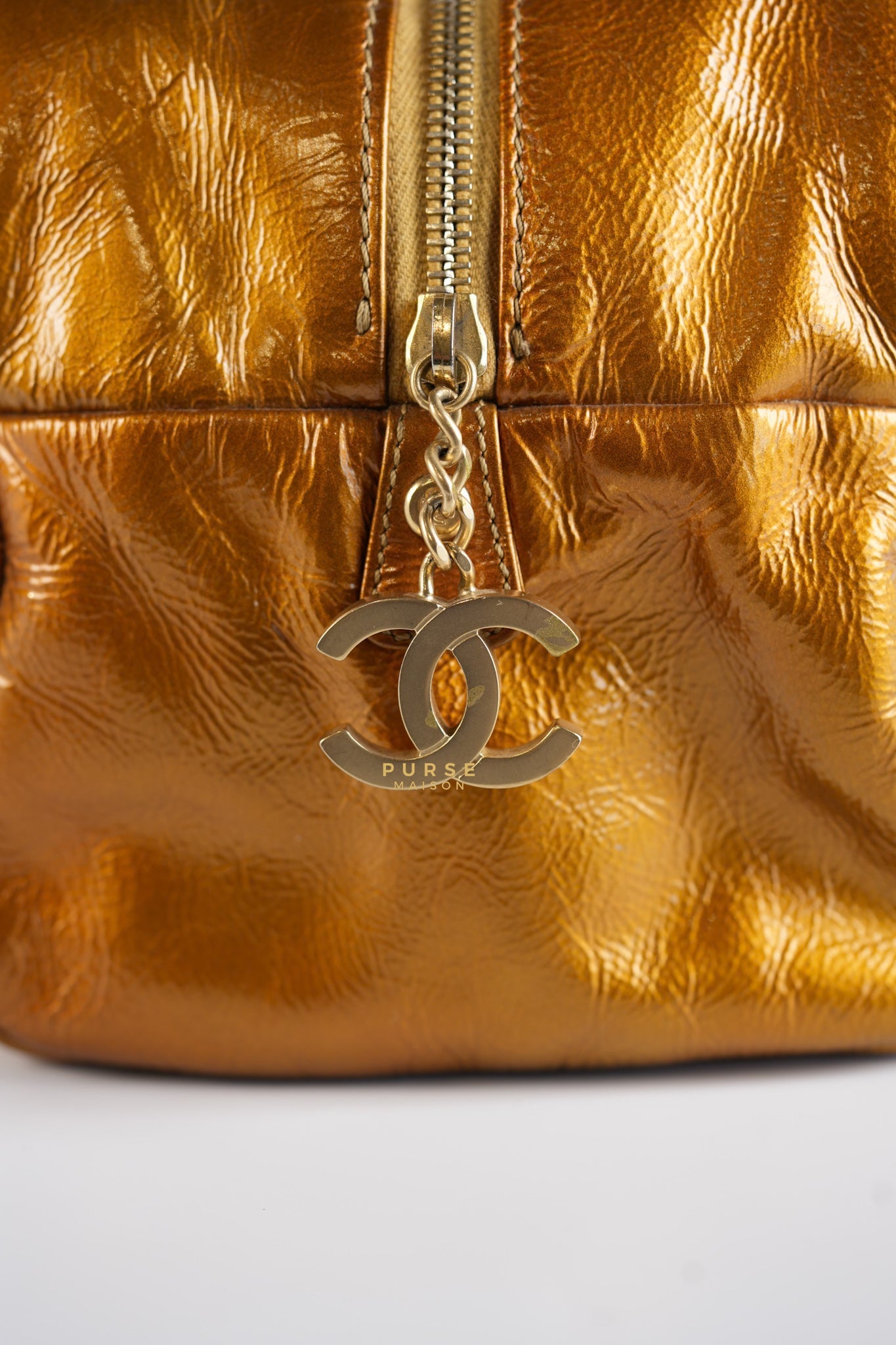 Chain Trim Luxe Ligne Bowler Bag in Metallic Gold Leather & Gold Hardware Series 11 | Purse Maison Luxury Bags Shop