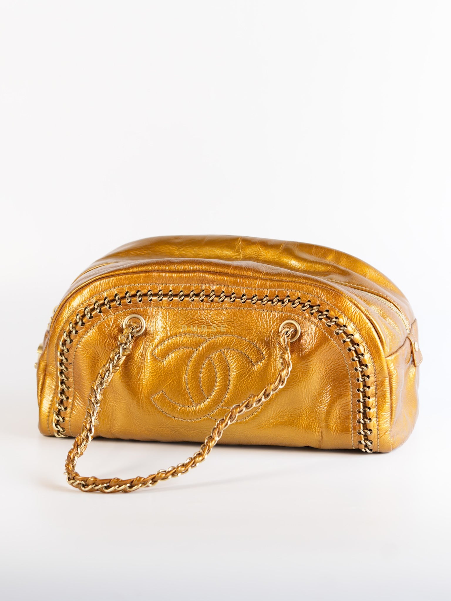 Chain Trim Luxe Ligne Bowler Bag in Metallic Gold Leather & Gold Hardware Series 11 | Purse Maison Luxury Bags Shop