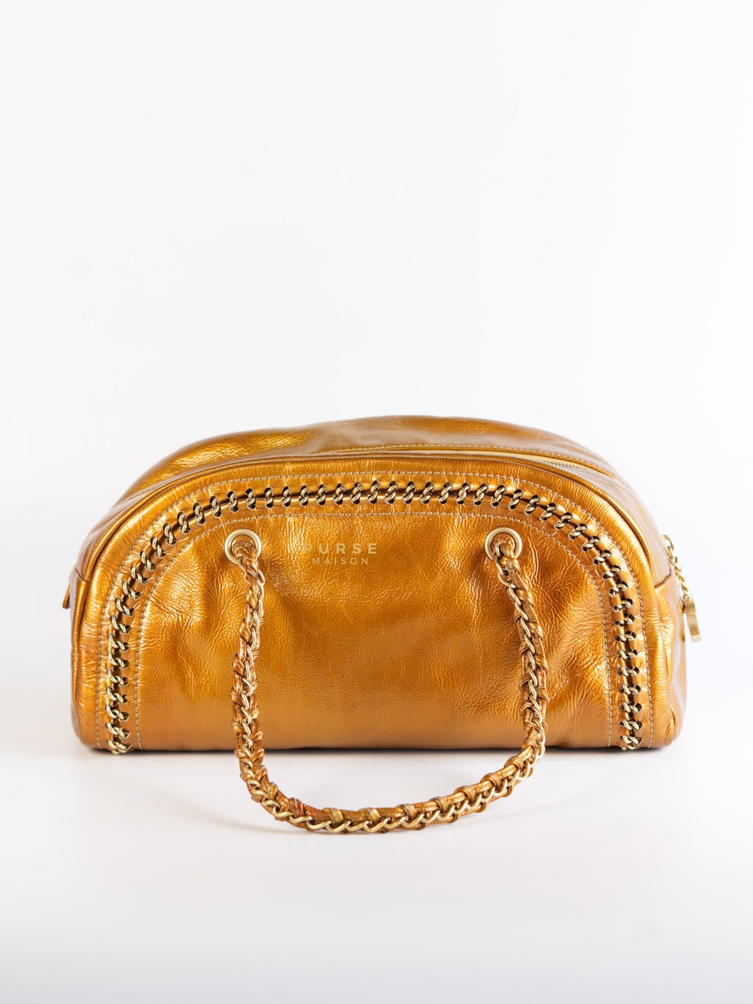 Chain Trim Luxe Ligne Bowler Bag in Metallic Gold Leather & Gold Hardware Series 11 | Purse Maison Luxury Bags Shop