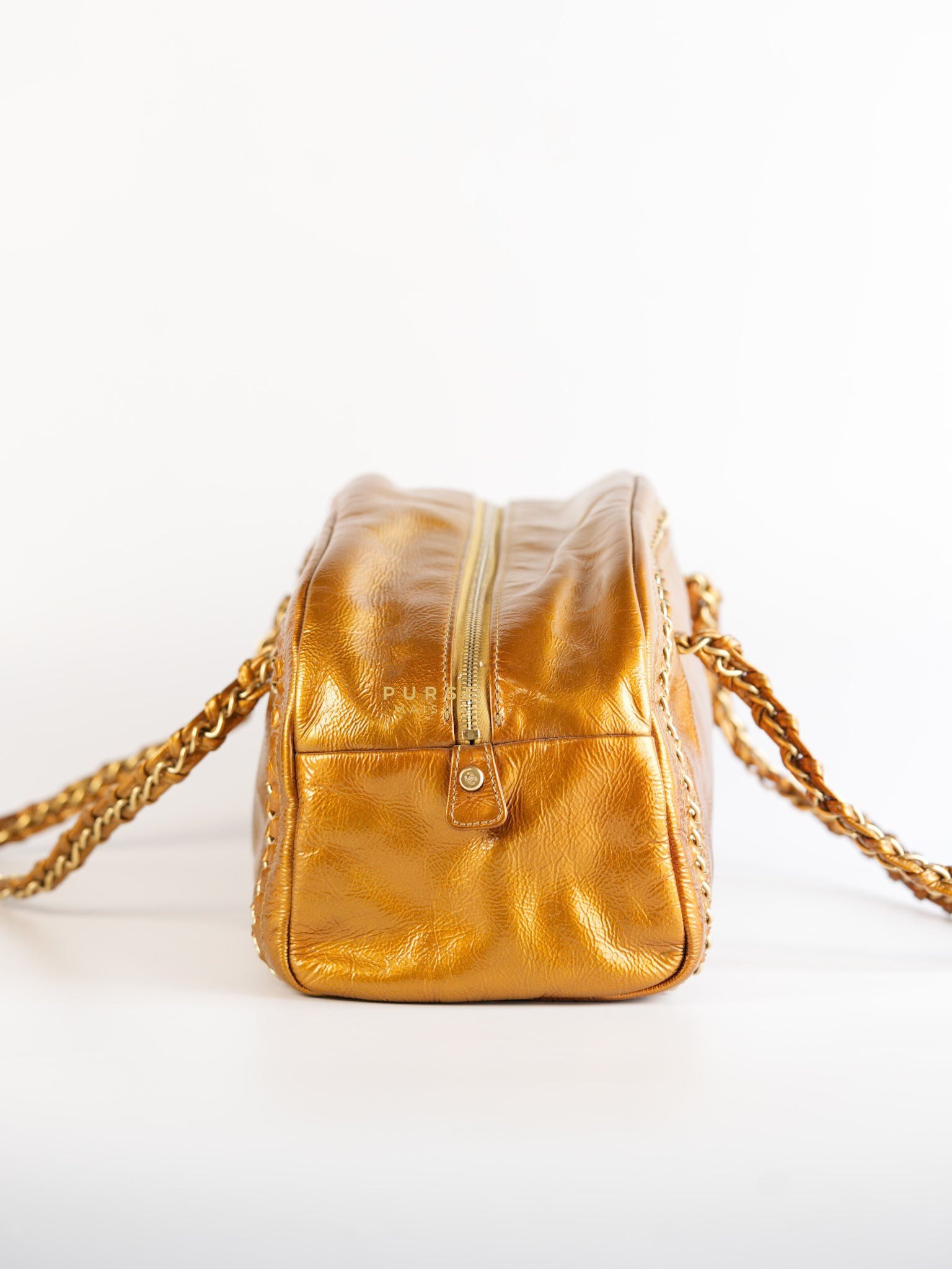 Chain Trim Luxe Ligne Bowler Bag in Metallic Gold Leather & Gold Hardware Series 11 | Purse Maison Luxury Bags Shop