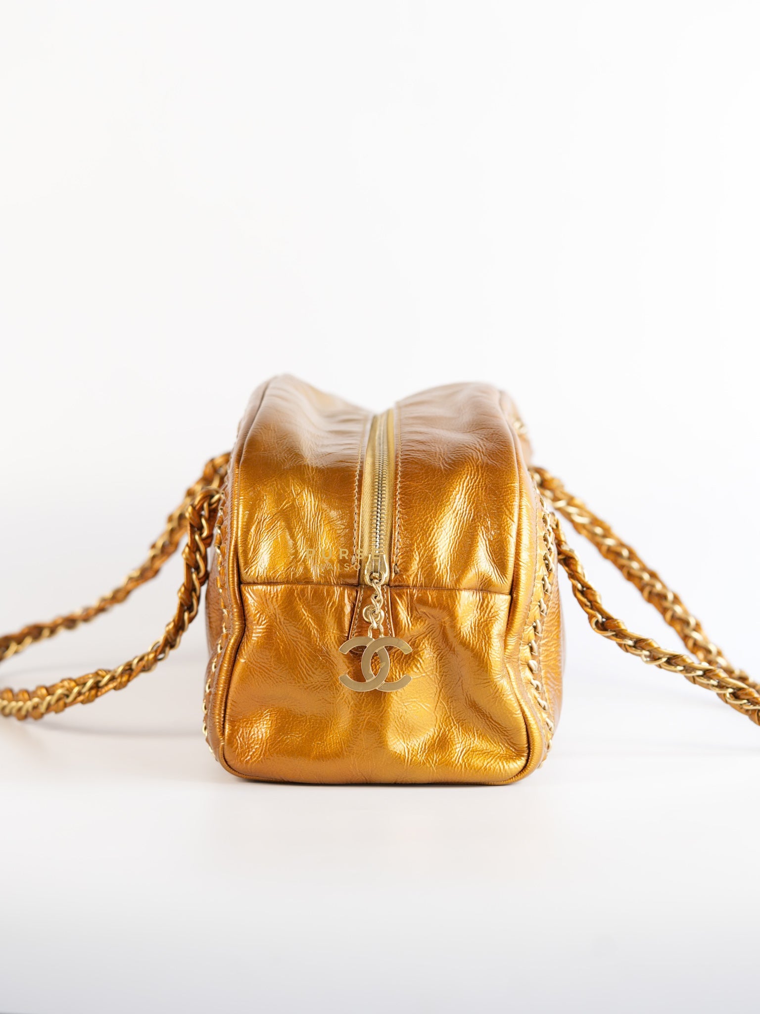 Chain Trim Luxe Ligne Bowler Bag in Metallic Gold Leather & Gold Hardware Series 11 | Purse Maison Luxury Bags Shop