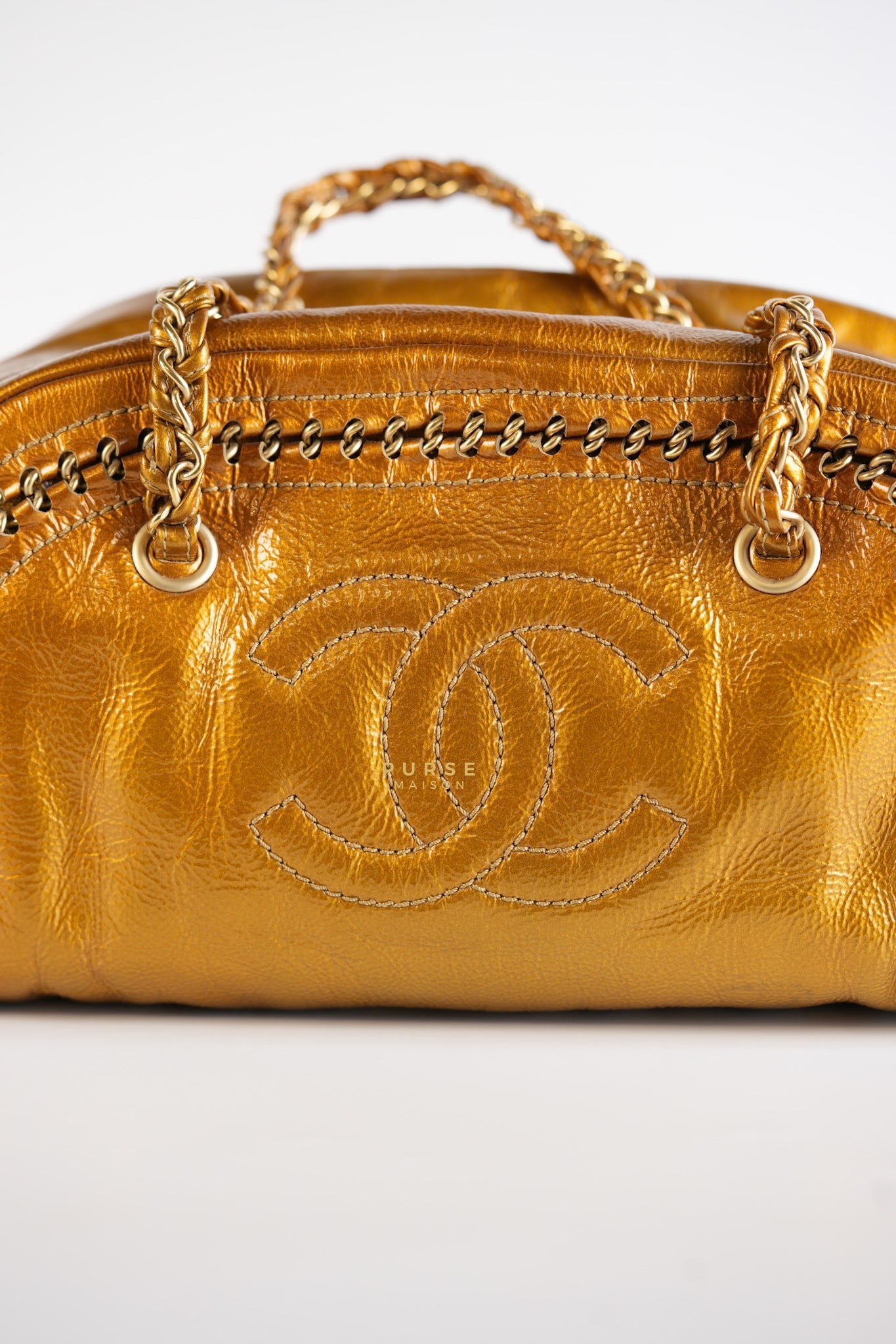 Chain Trim Luxe Ligne Bowler Bag in Metallic Gold Leather & Gold Hardware Series 11 | Purse Maison Luxury Bags Shop