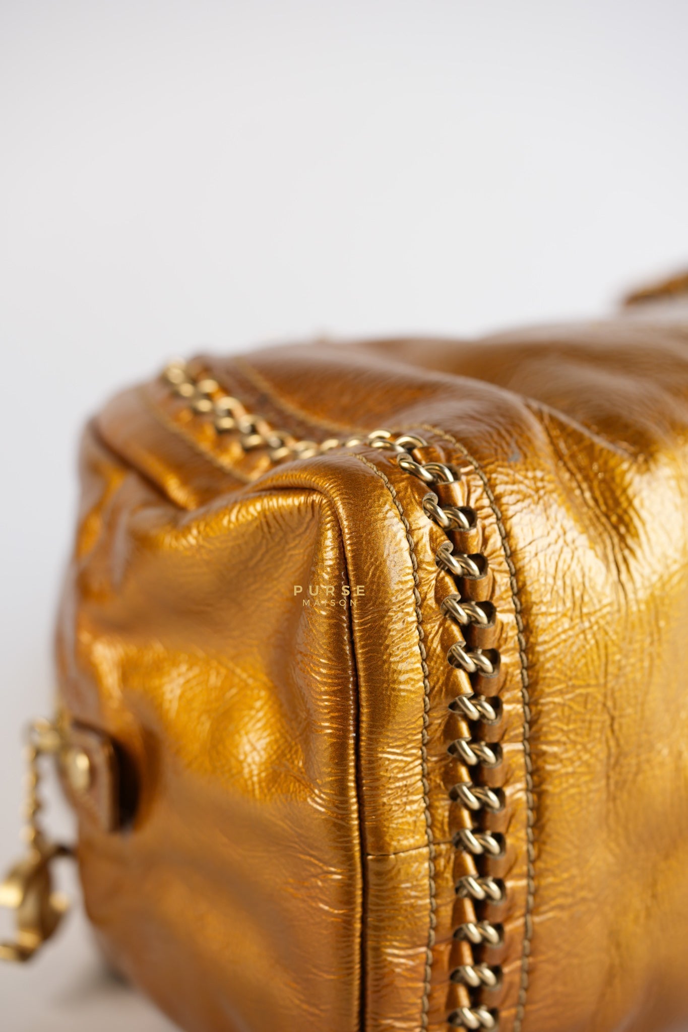 Chain Trim Luxe Ligne Bowler Bag in Metallic Gold Leather & Gold Hardware Series 11 | Purse Maison Luxury Bags Shop