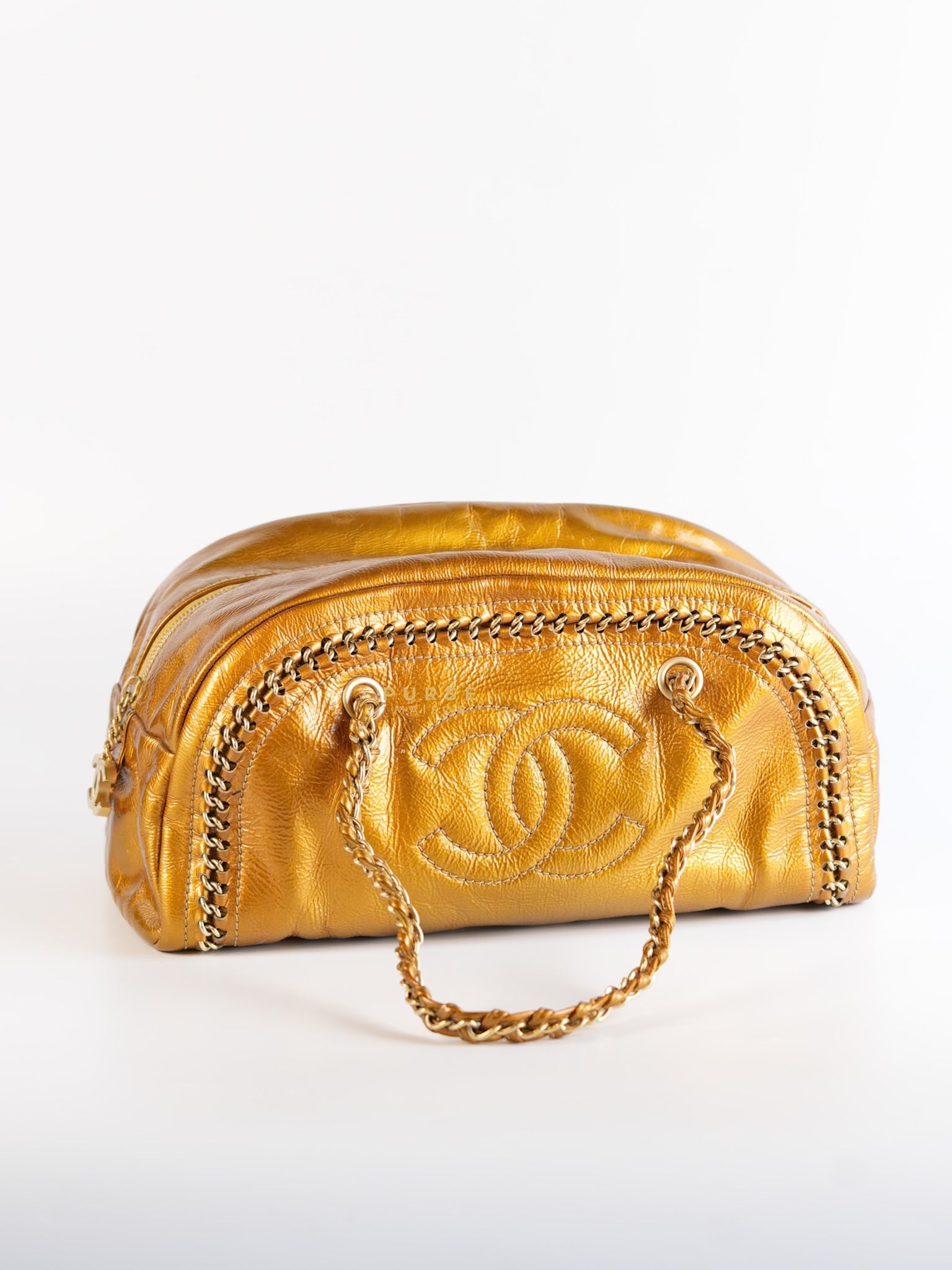 Chain Trim Luxe Ligne Bowler Bag in Metallic Gold Leather & Gold Hardware Series 11 | Purse Maison Luxury Bags Shop