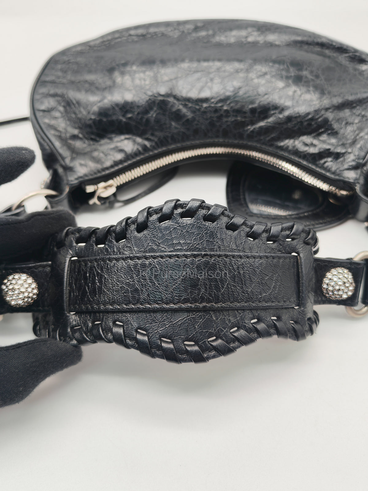 Balenciaga Le Cagole XS Shoulder Bag in Arena Lambskin Shoulder Bag with Rhinestones