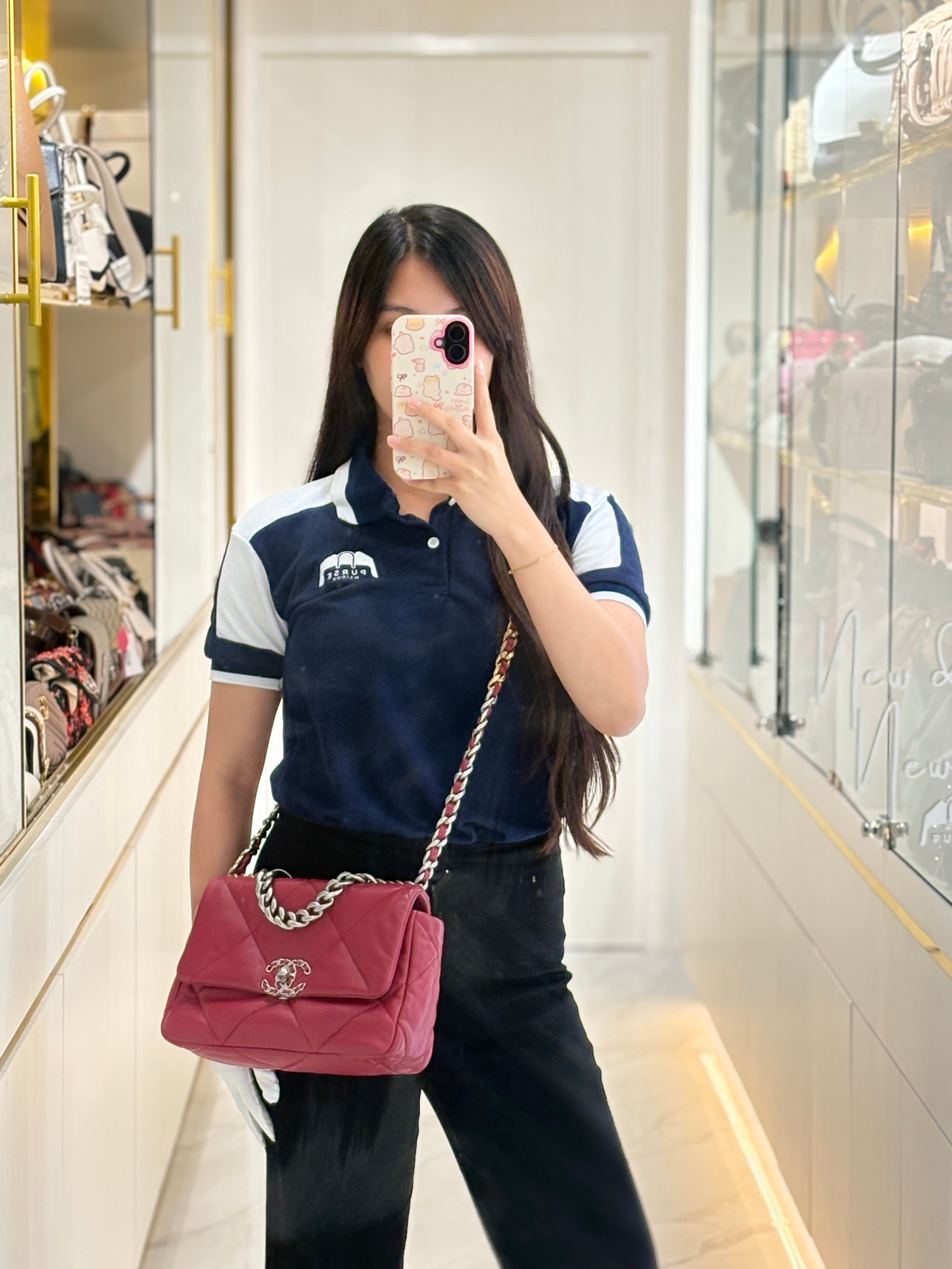 Chanel 19 Flap Bag in Dark Pink Lambskin Leather and Mix Hardware Microchip | Purse Maison Luxury Bags Shop