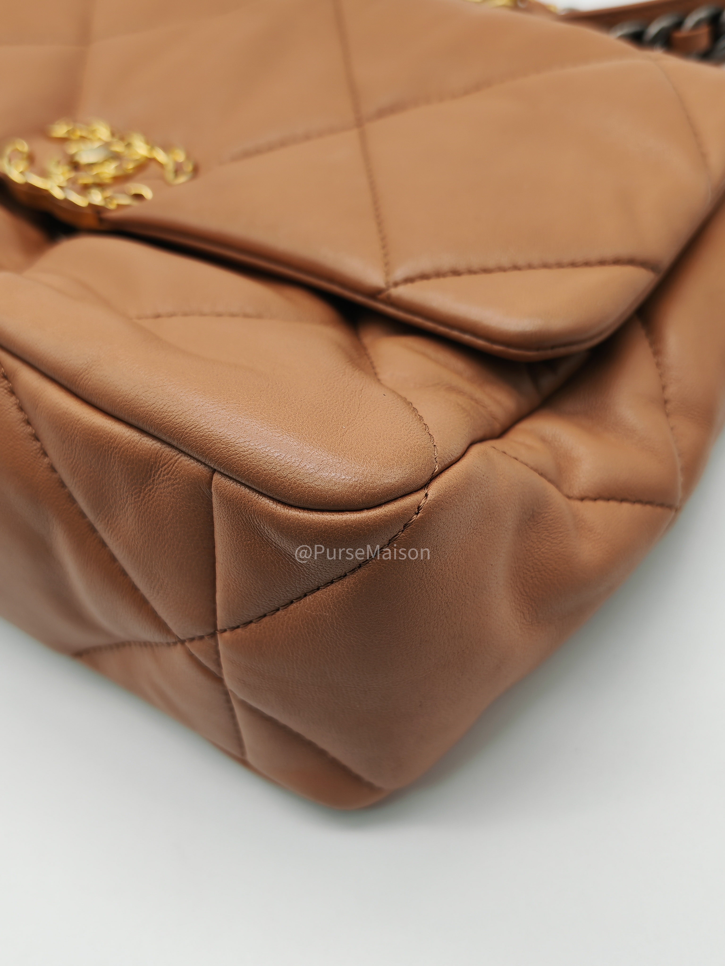 Chanel 19 Large in Caramel Quilted Lambskin Leather and Mixed Hardware Microchip | Purse Maison Luxury Bags Shop