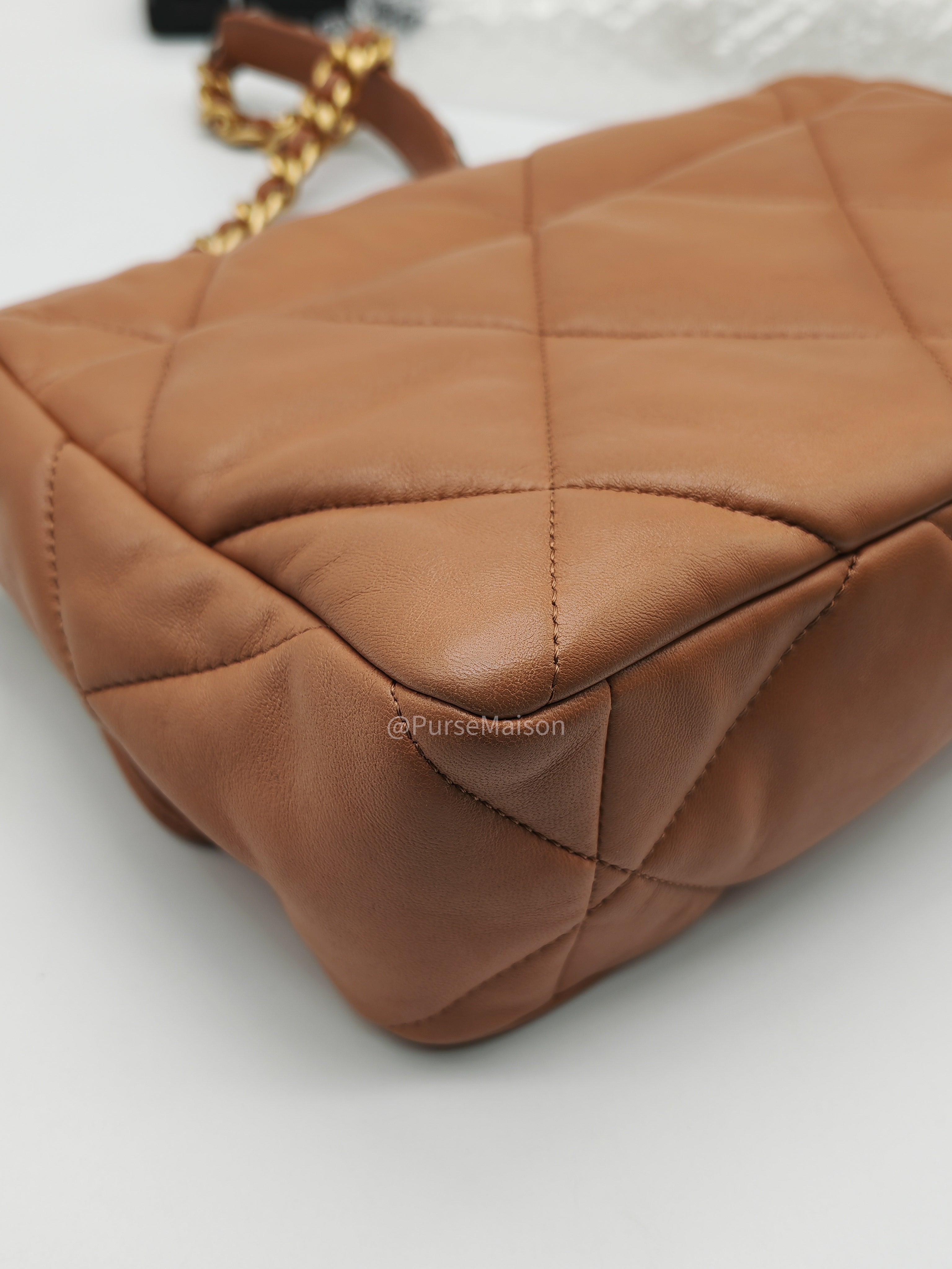 Chanel 19 Large in Caramel Quilted Lambskin Leather and Mixed Hardware Microchip | Purse Maison Luxury Bags Shop