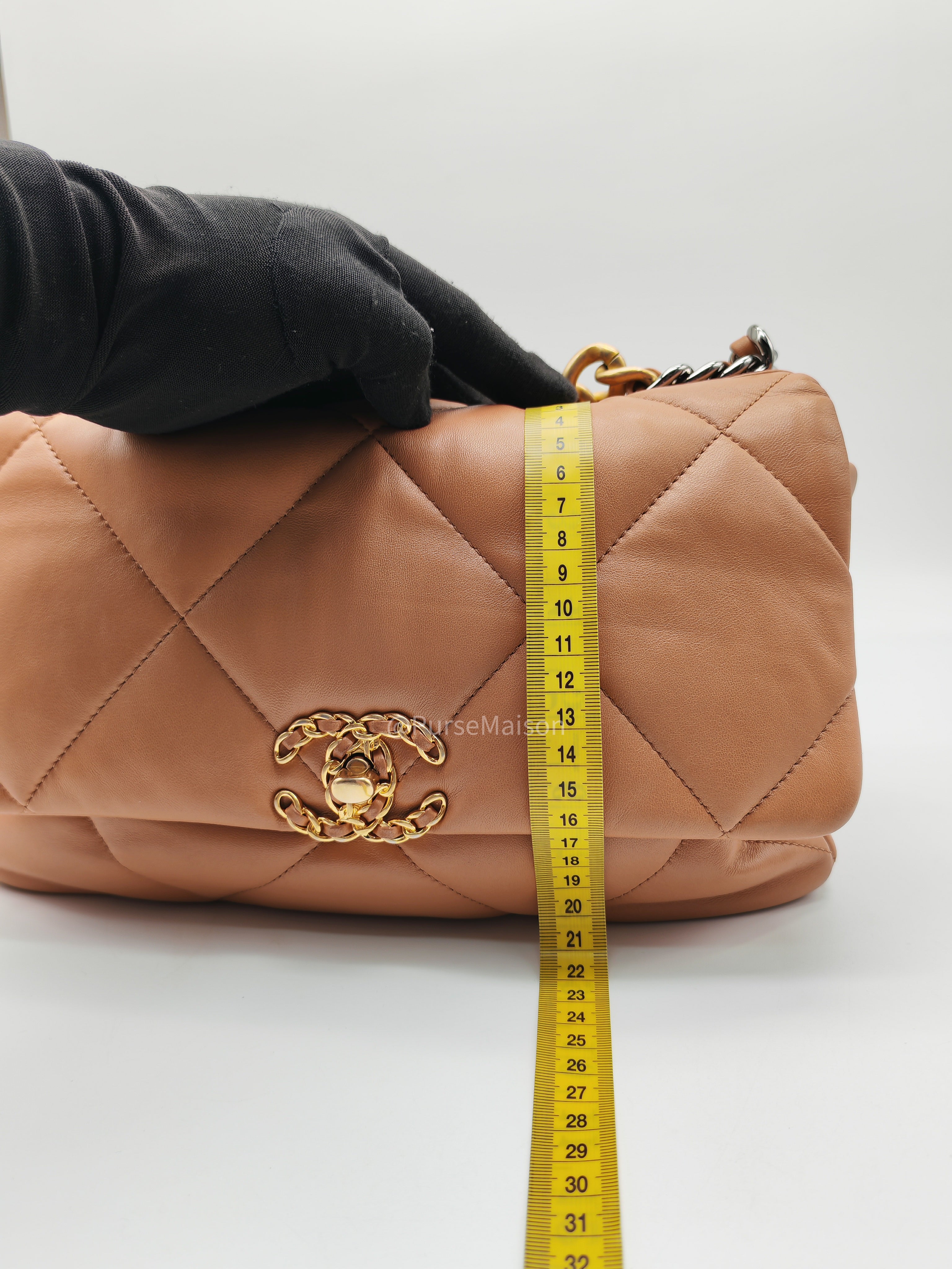 Chanel 19 Large in Caramel Quilted Lambskin Leather and Mixed Hardware Microchip | Purse Maison Luxury Bags Shop
