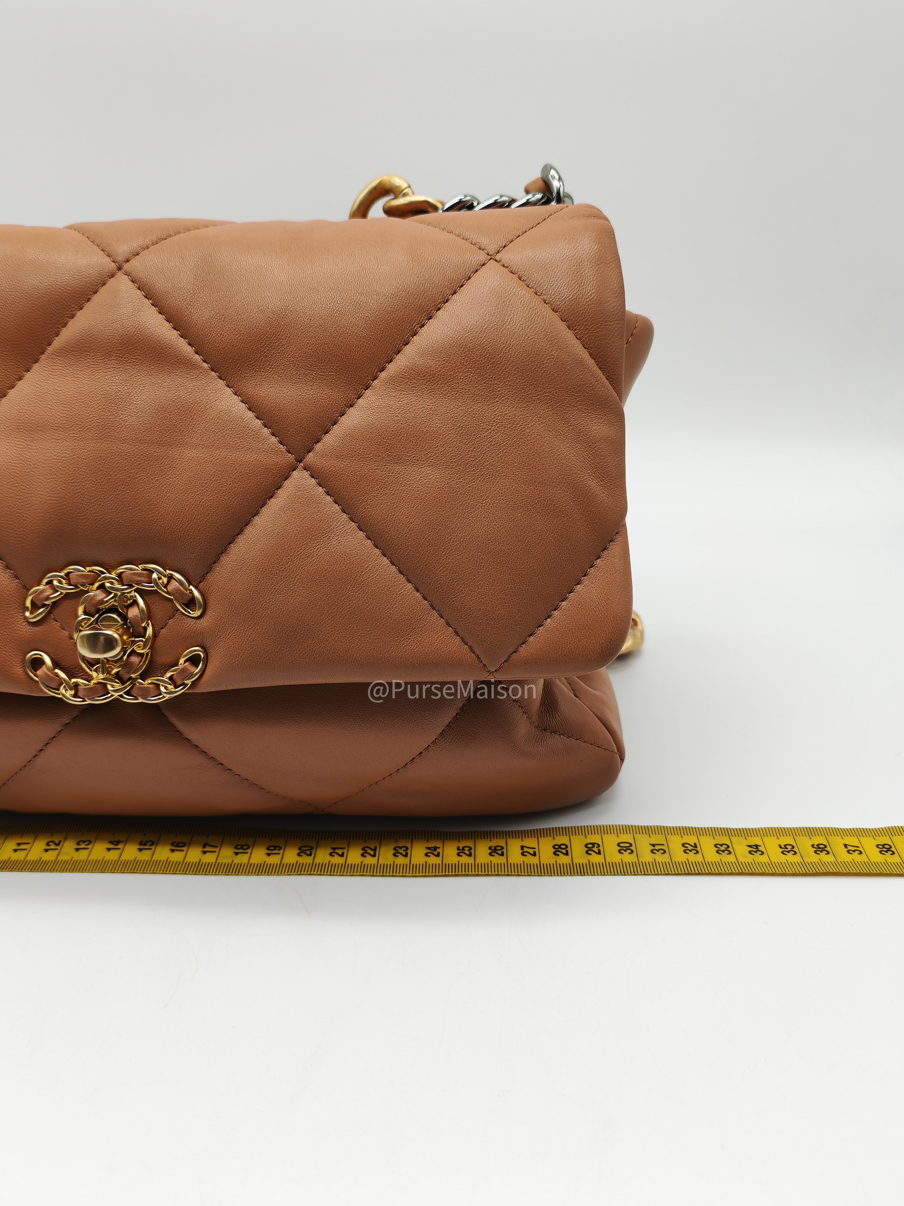Chanel 19 Large in Caramel Quilted Lambskin Leather and Mixed Hardware Microchip | Purse Maison Luxury Bags Shop
