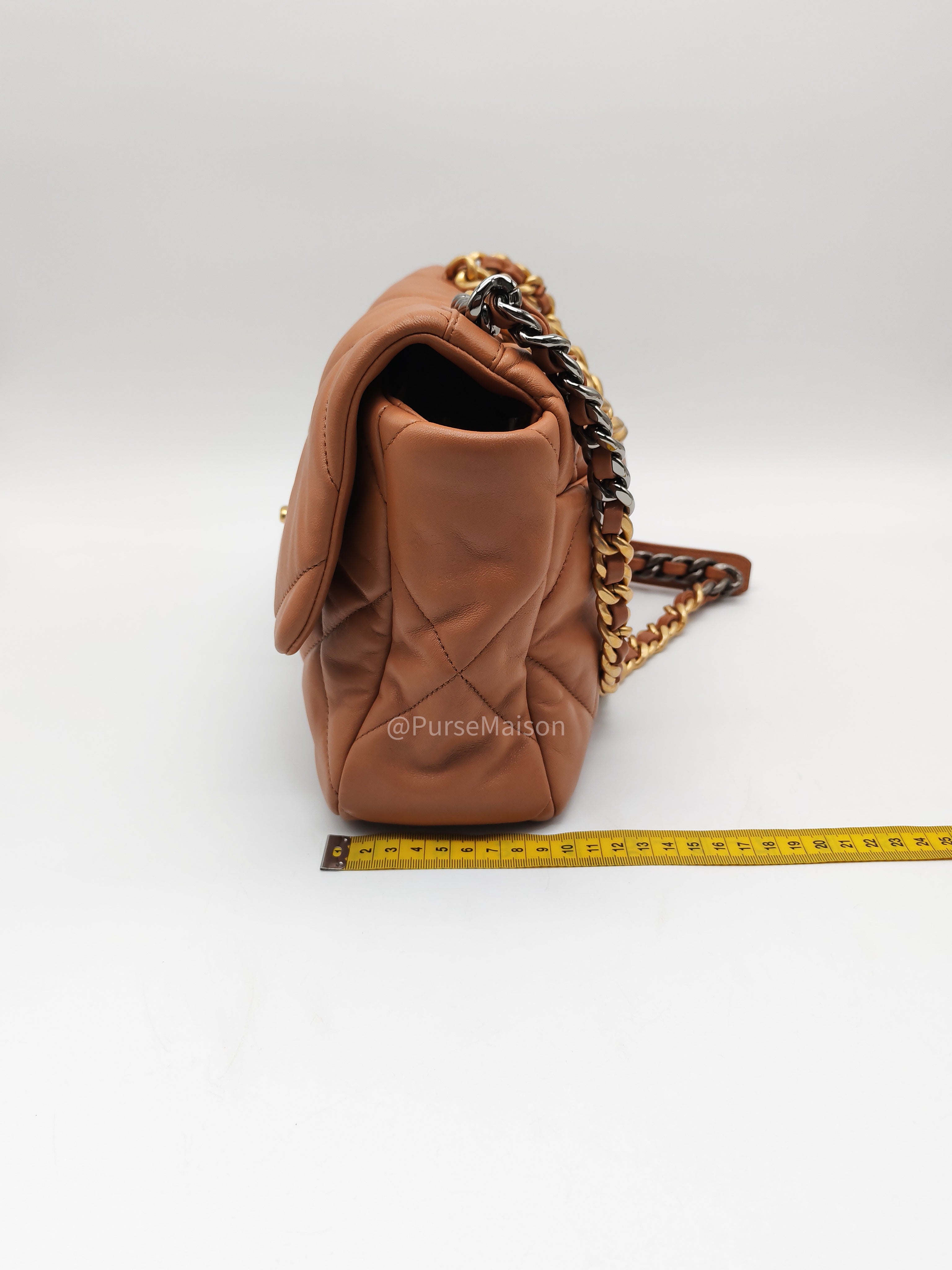 Chanel 19 Large in Caramel Quilted Lambskin Leather and Mixed Hardware Microchip | Purse Maison Luxury Bags Shop
