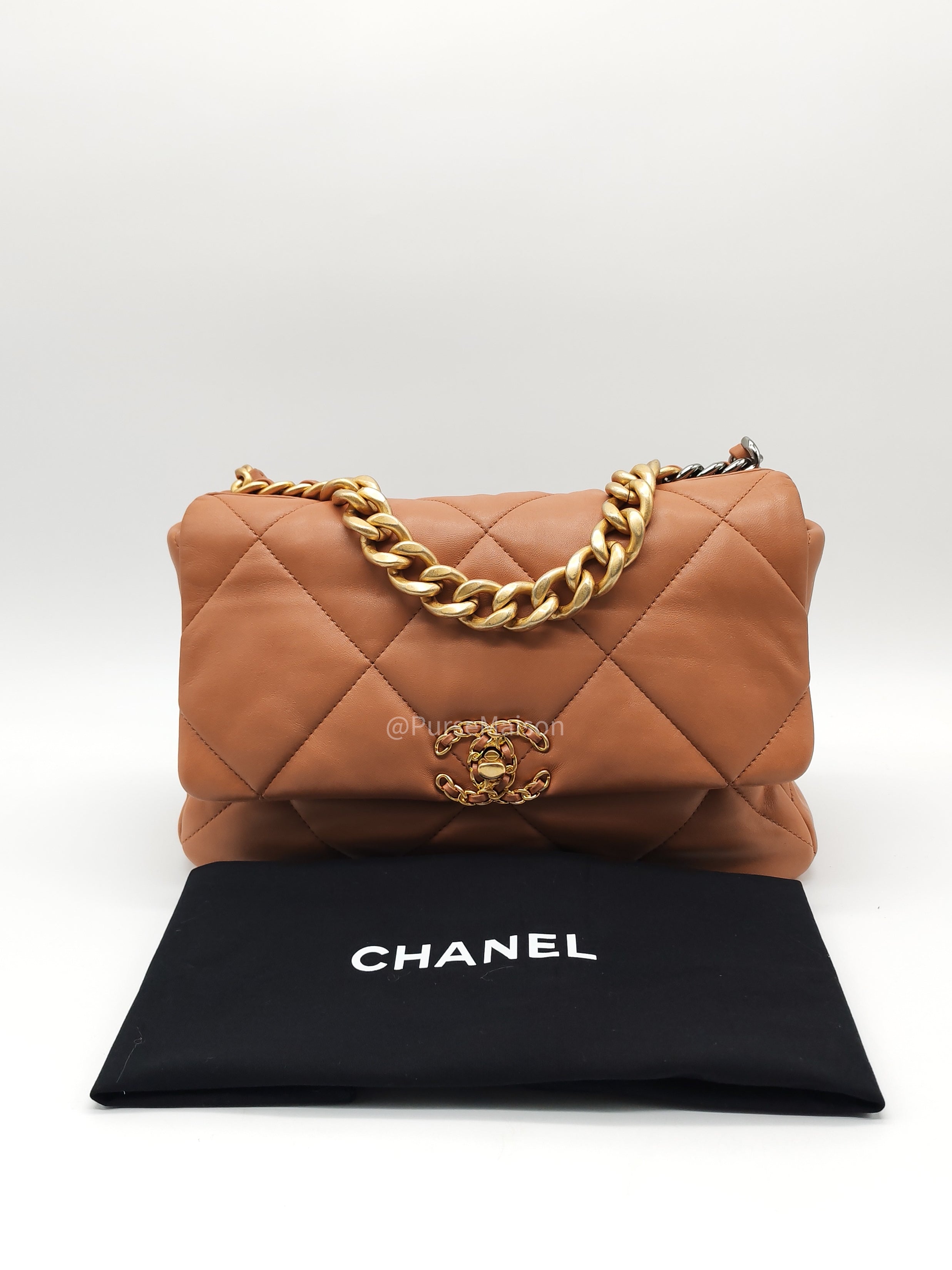 Chanel 19 Large in Caramel Quilted Lambskin Leather and Mixed Hardware Microchip | Purse Maison Luxury Bags Shop