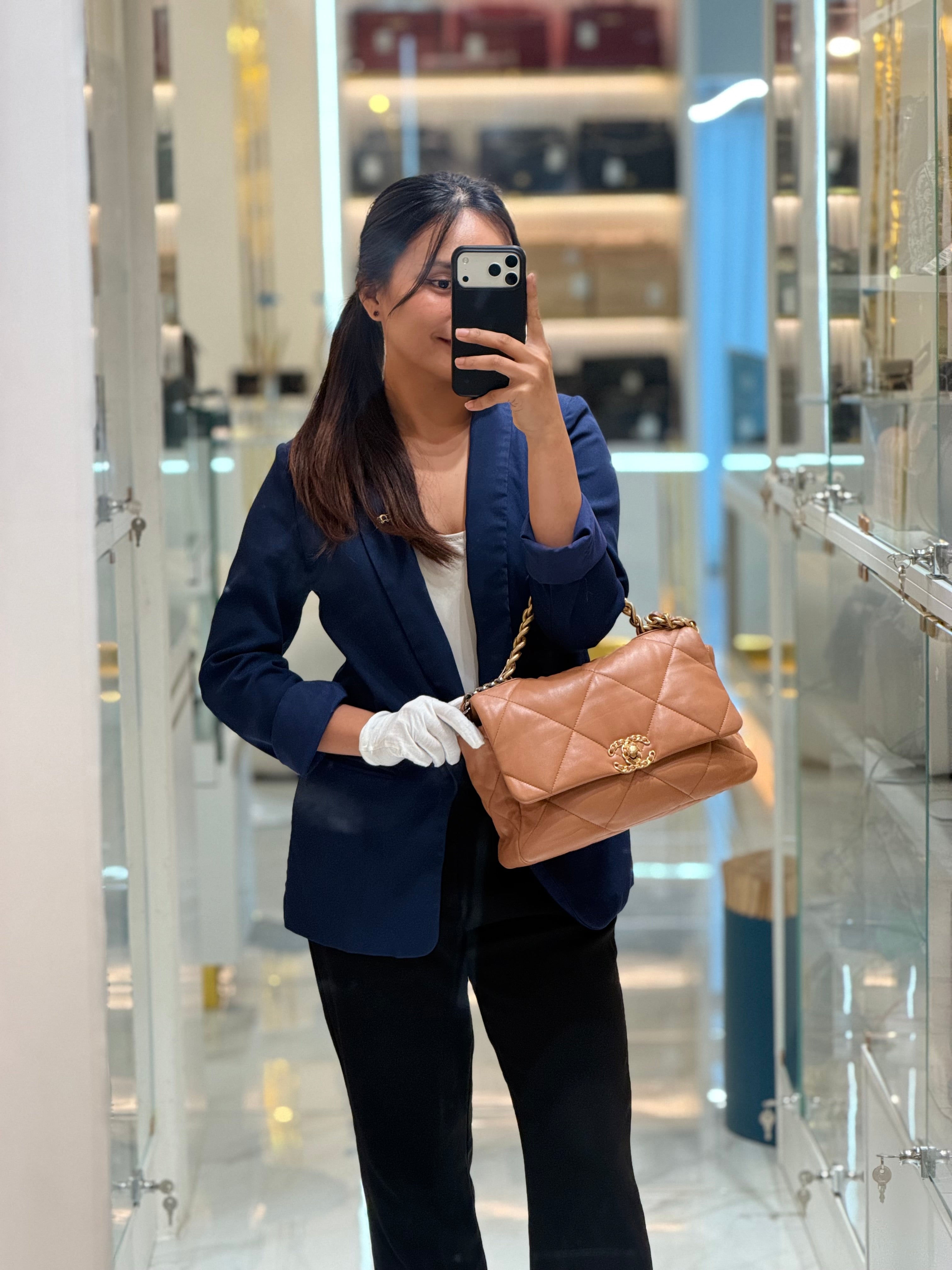 Chanel 19 Large in Caramel Quilted Lambskin Leather and Mixed Hardware Microchip | Purse Maison Luxury Bags Shop