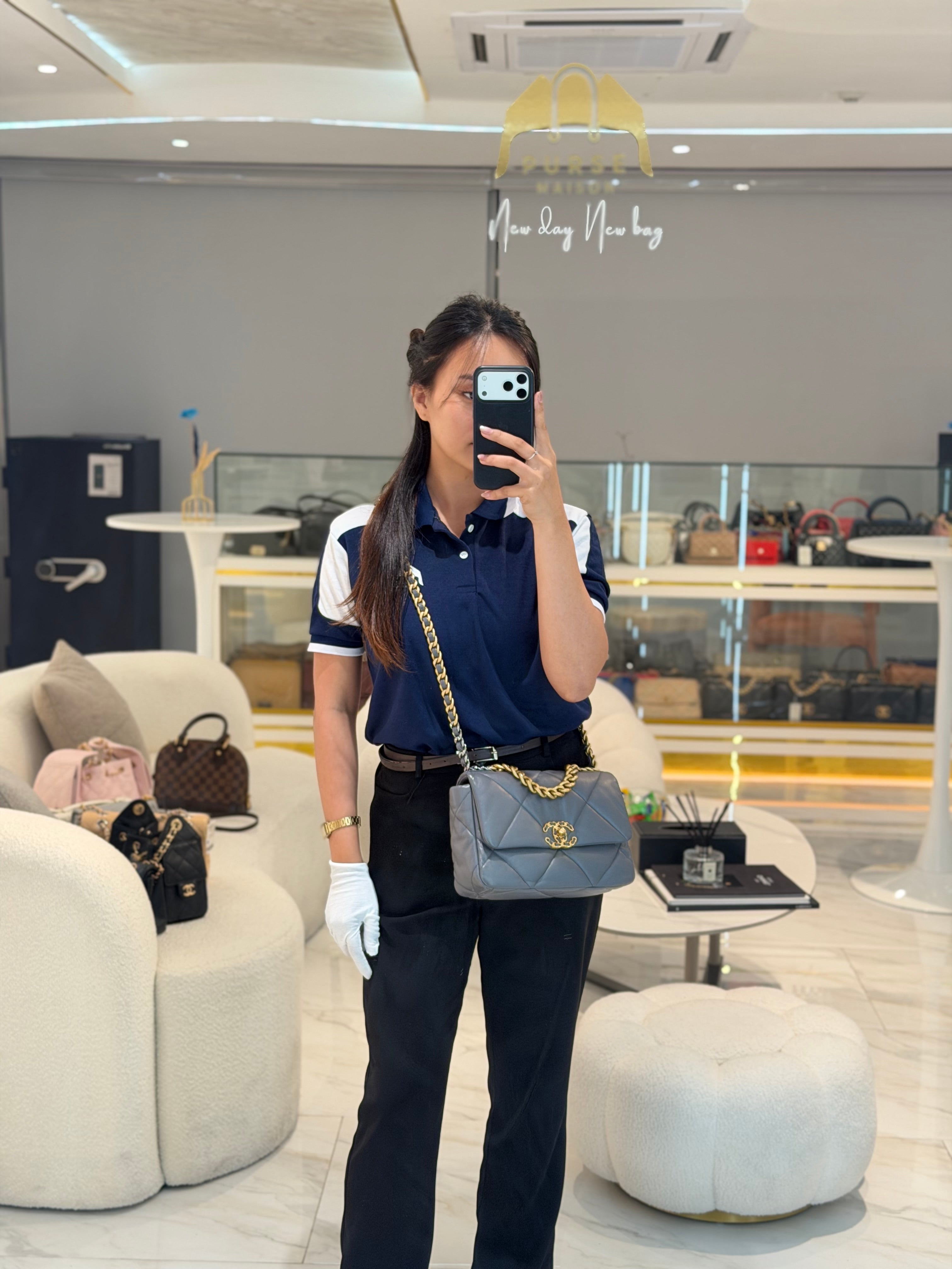 19 Medium in Gray Quilted Lambskin Leather & Mix Hardware Microchip | Purse Maison Luxury Bags Shop