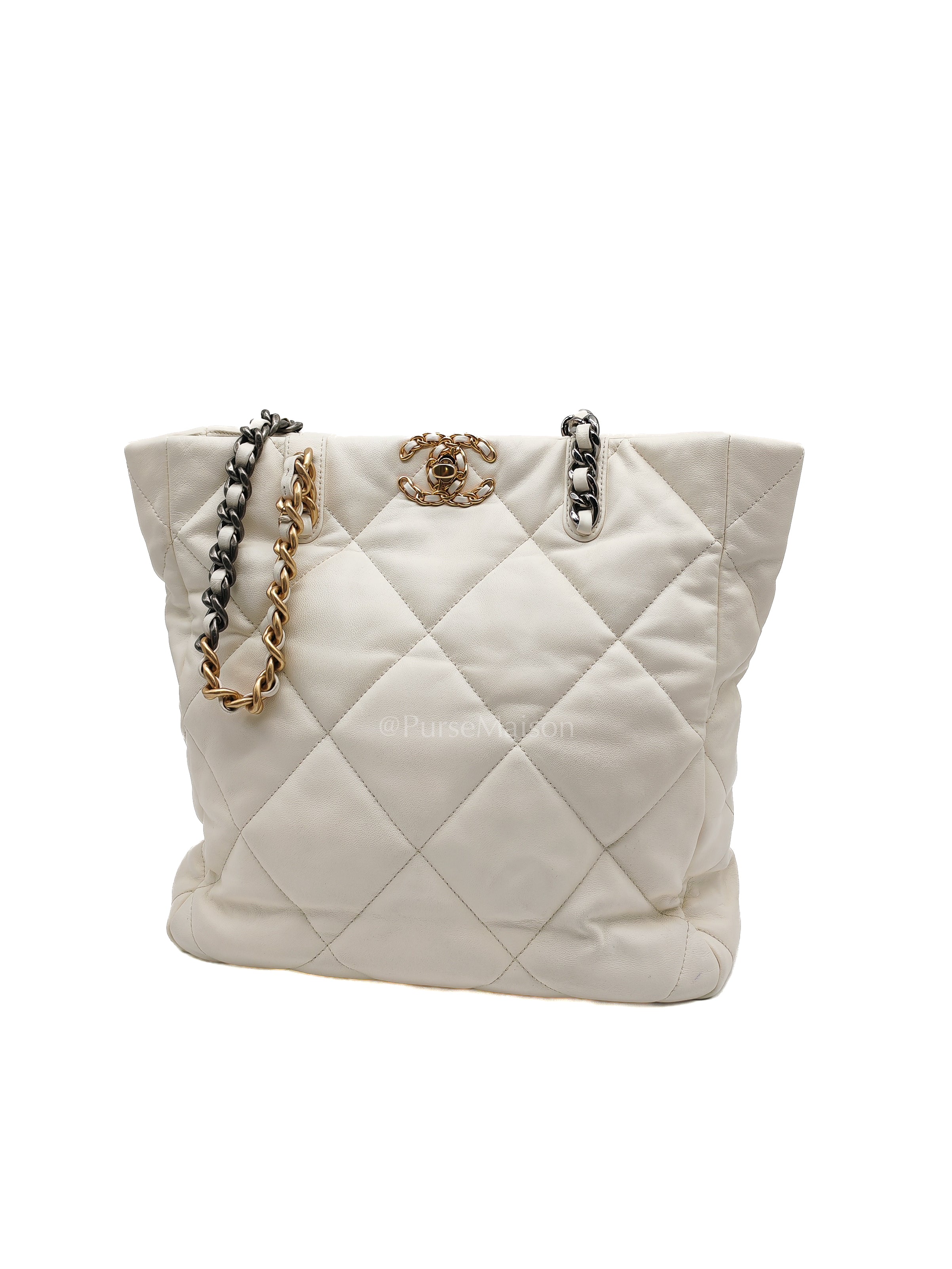 Chanel 19 Shopping Tote Bag in White Calfskin Leather & Mix Hardware (Microchip) | Purse Maison Luxury Bags Shop