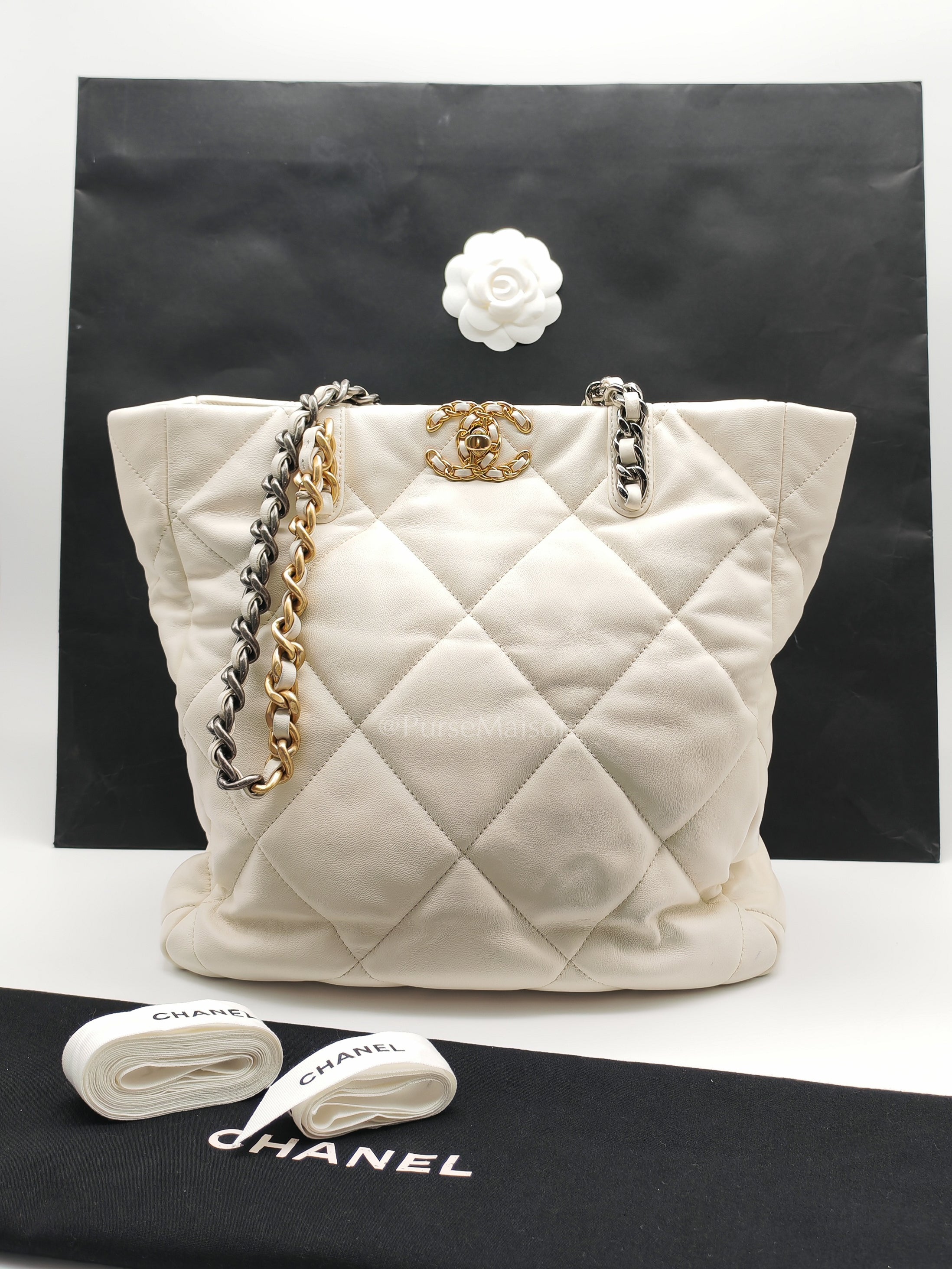 Chanel 19 Shopping Tote Bag in White Calfskin Leather & Mix Hardware (Microchip) | Purse Maison Luxury Bags Shop