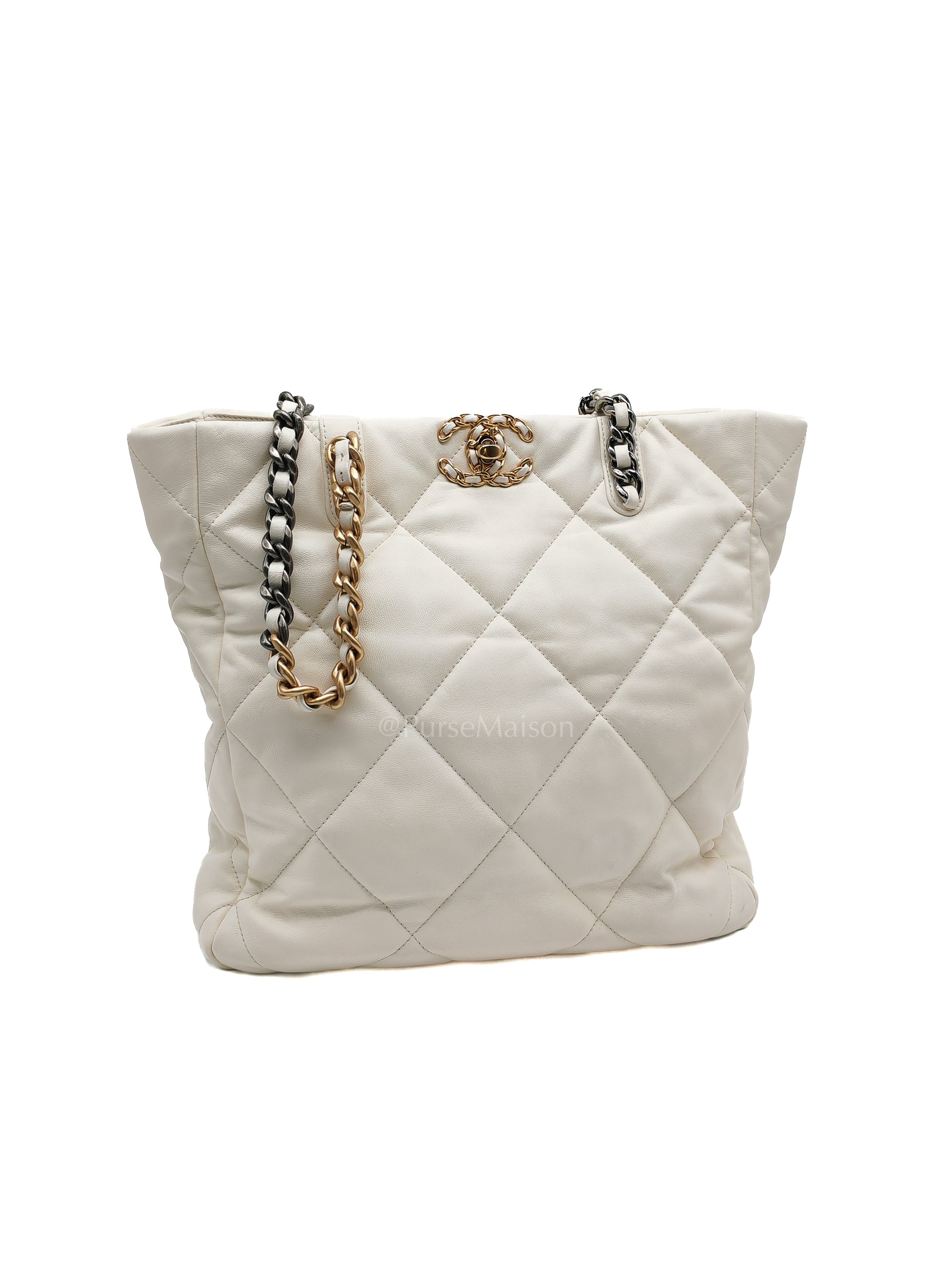 Chanel 19 Shopping Tote Bag in White Calfskin Leather & Mix Hardware (Microchip) | Purse Maison Luxury Bags Shop
