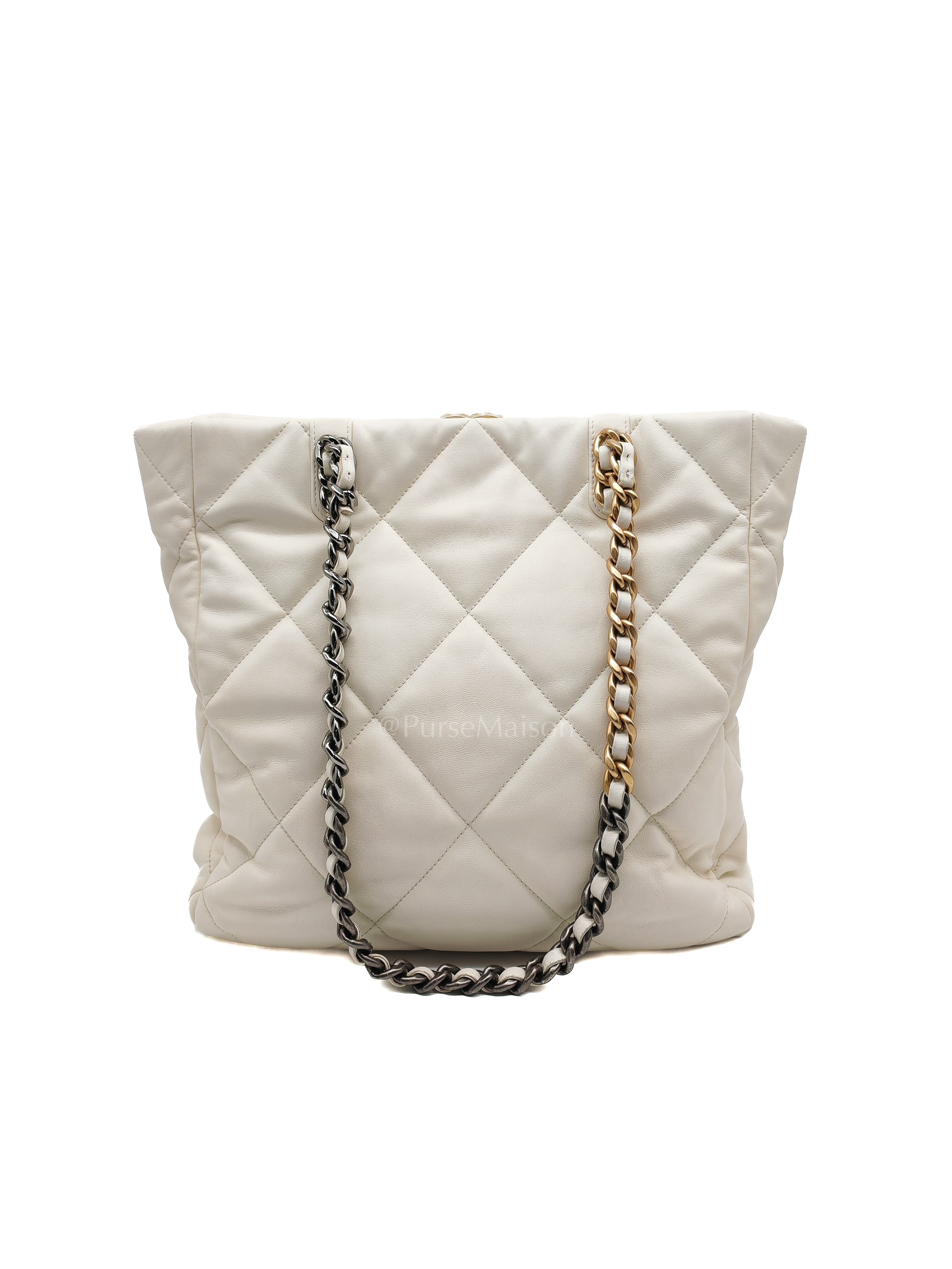 Chanel 19 Shopping Tote Bag in White Calfskin Leather & Mix Hardware (Microchip) | Purse Maison Luxury Bags Shop