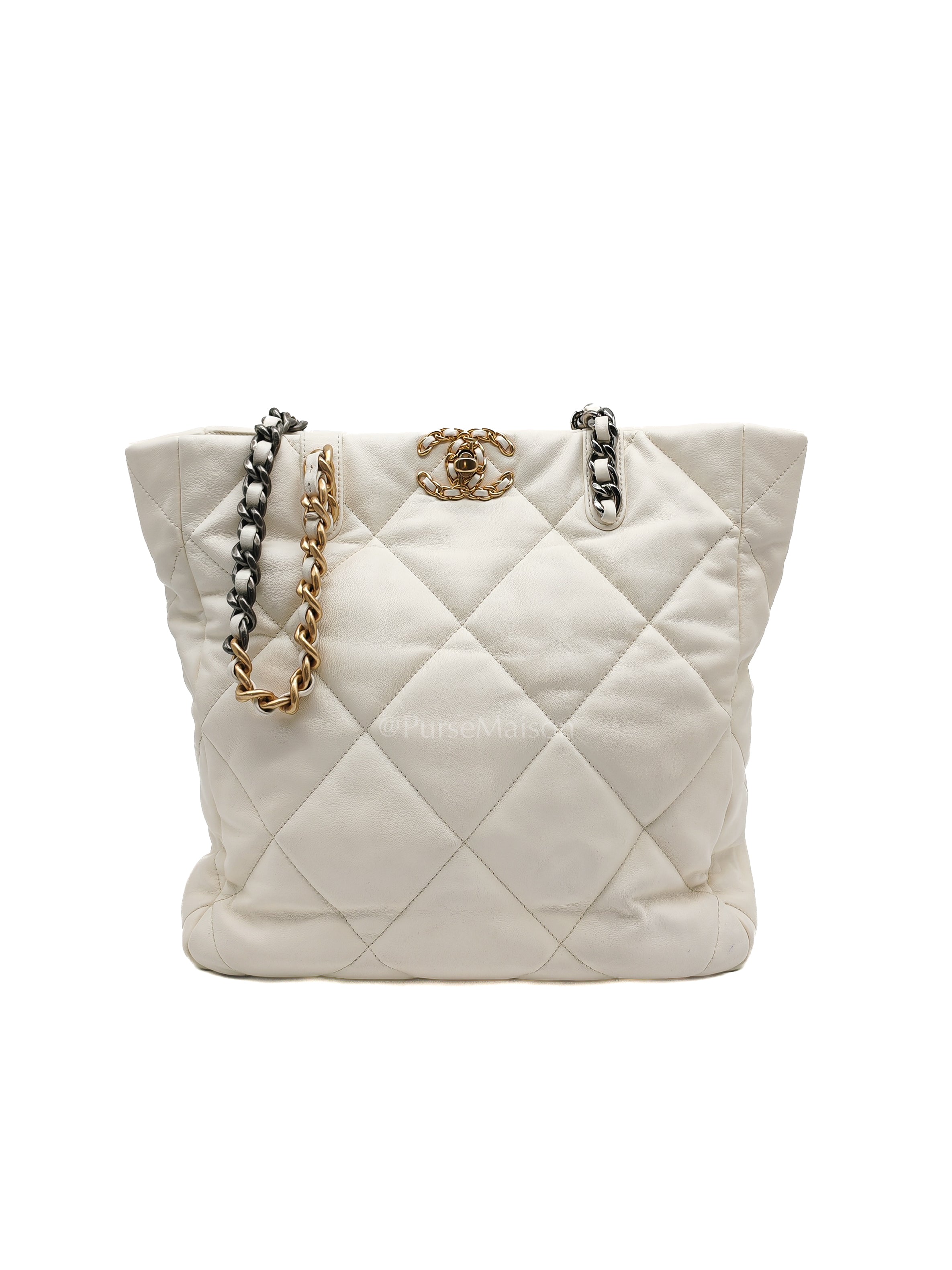 Chanel 19 Shopping Tote Bag in White Calfskin Leather & Mix Hardware (Microchip) | Purse Maison Luxury Bags Shop