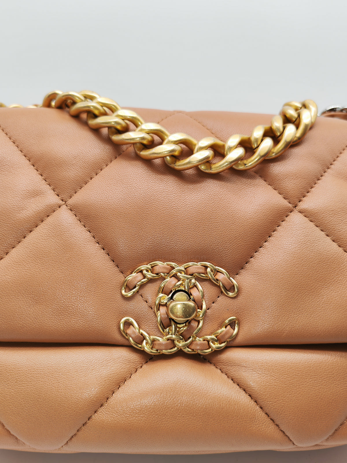 Chanel 19 Small Flap Bag in Caramel Quilted Lambskin Leather and Mixed Hardware Microchip (UP****GL) | Purse Maison Luxury Bags Shop