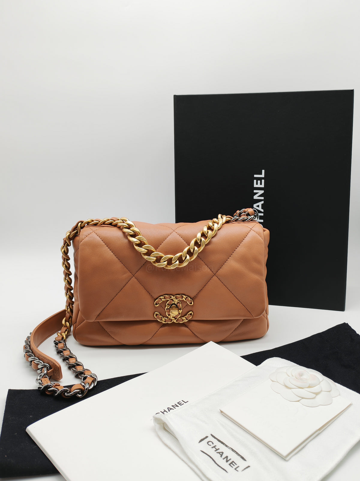 Chanel 19 Small Flap Bag in Caramel Quilted Lambskin Leather and Mixed Hardware Microchip (UP****GL) | Purse Maison Luxury Bags Shop