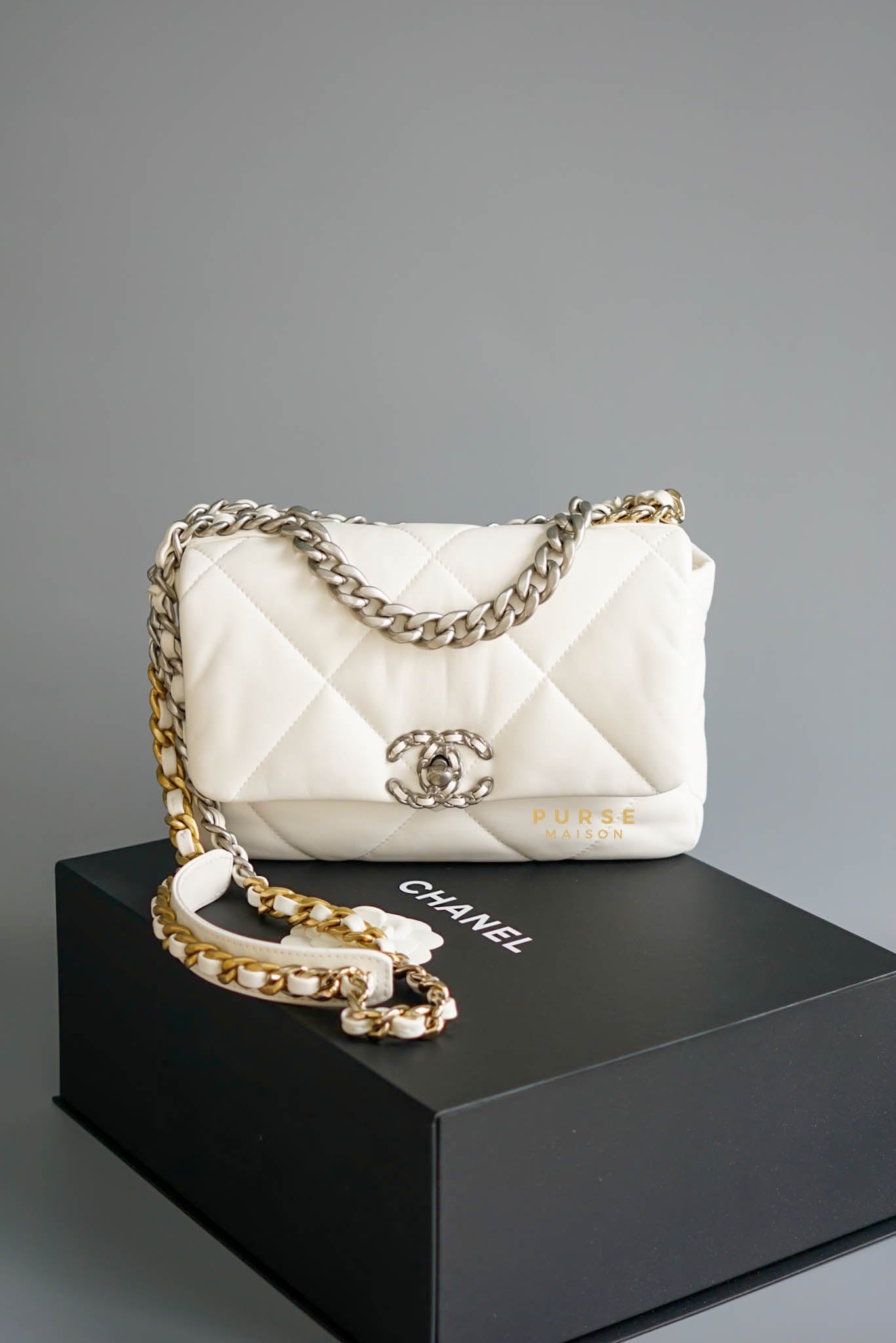 Chanel 19 flap online bag white