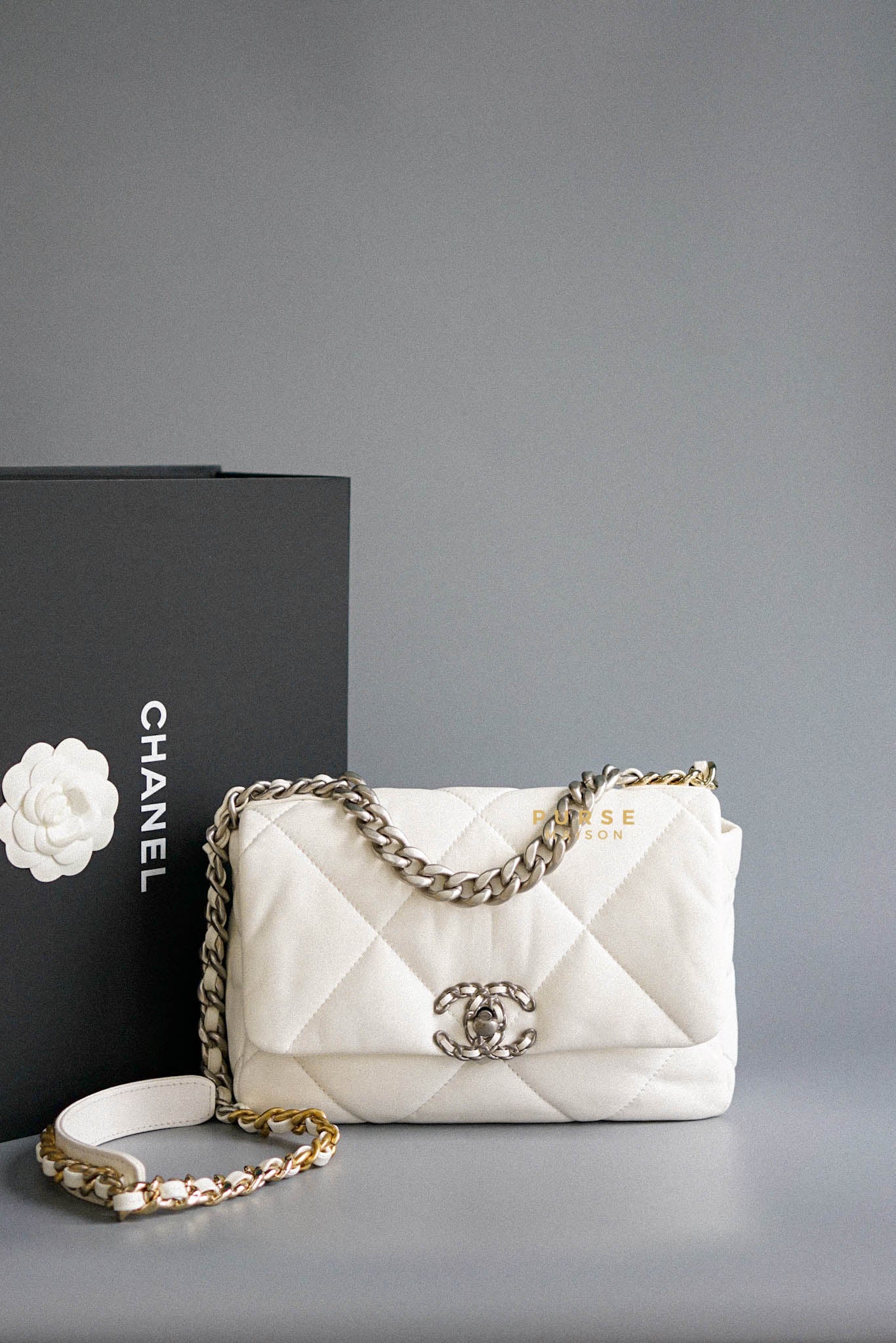 Chanel 19 Small Flap Bag in White Lambskin Leather and Mixed