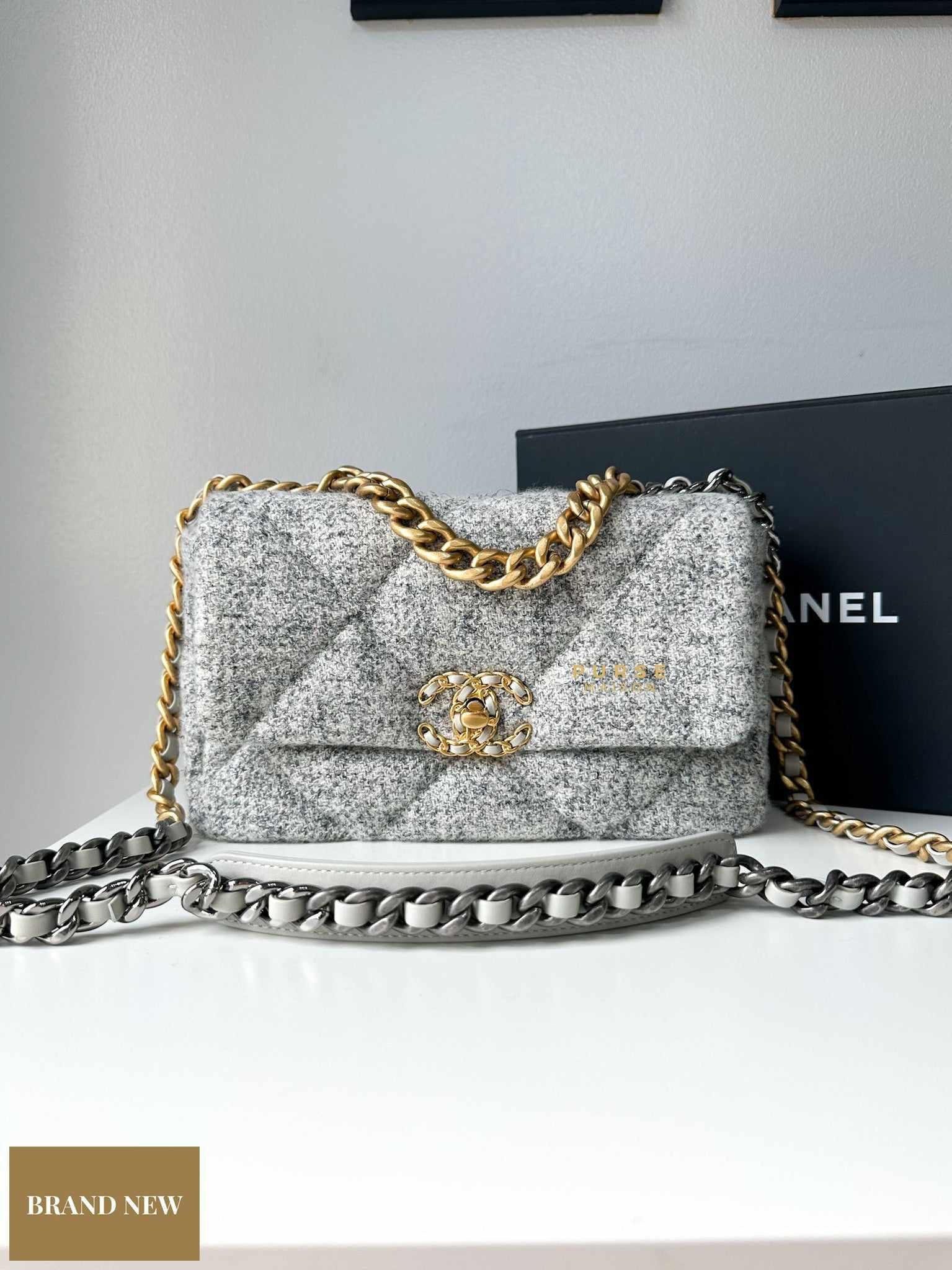 Chanel 19 Small Grey Tweed, New in Box