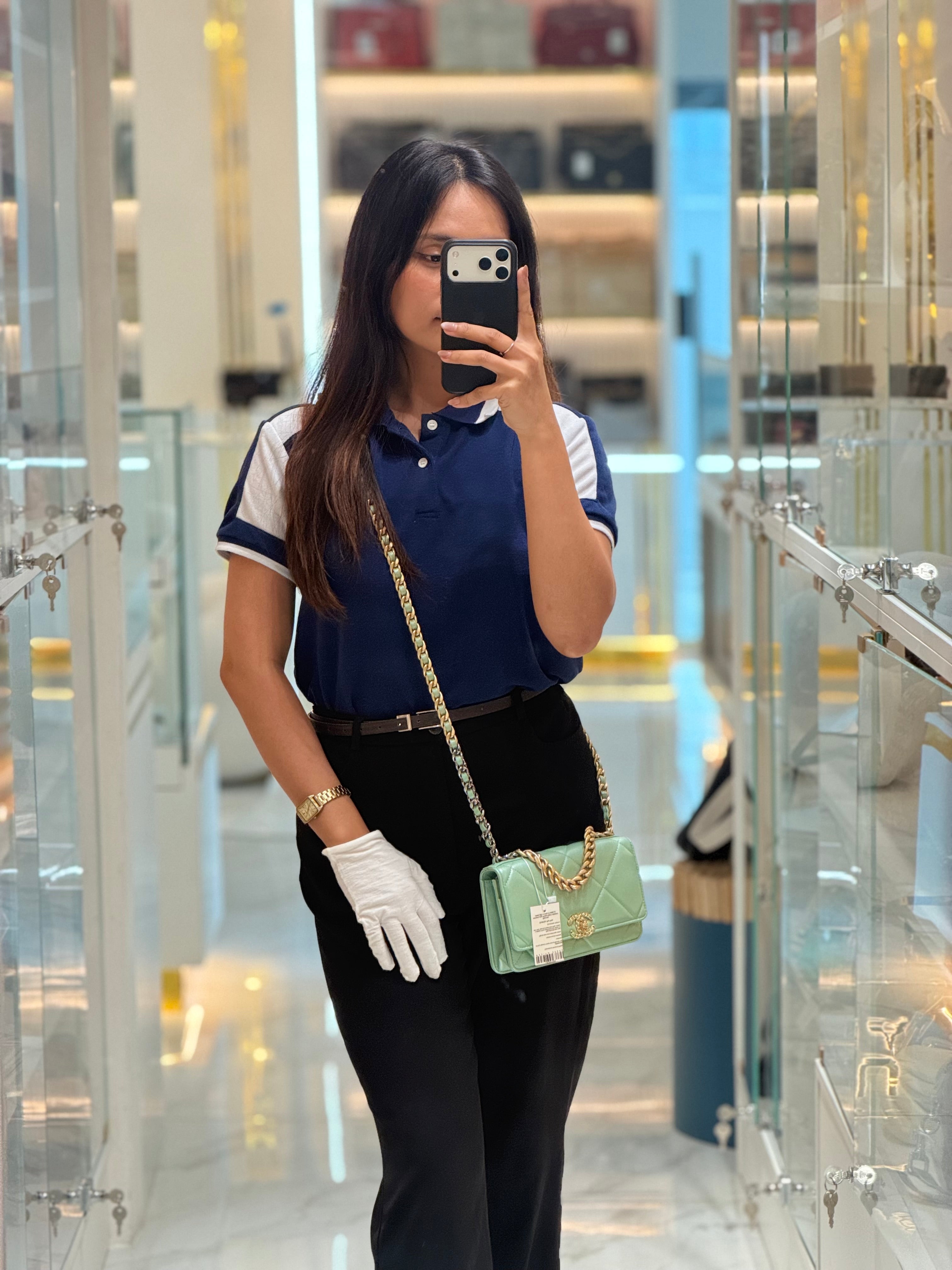 Chanel 19 Wallet on Chain in Light Green Lambskin Leather & Gold Hardware Microchip | Purse Maison Luxury Bags Shop