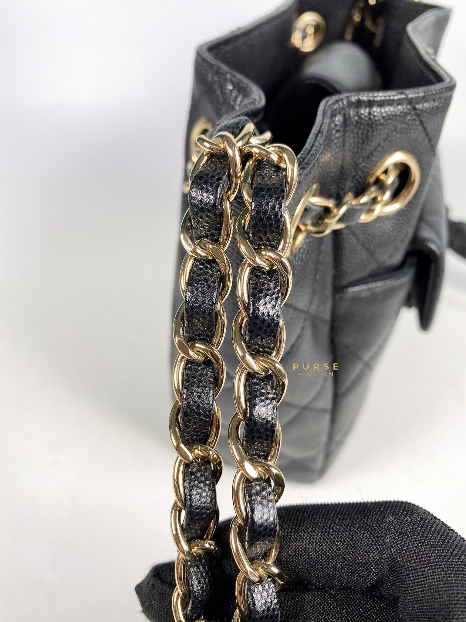 Black Quilted Caviar Micro Drawstring Bucket Bag with Chain Gold Hardware,  2021