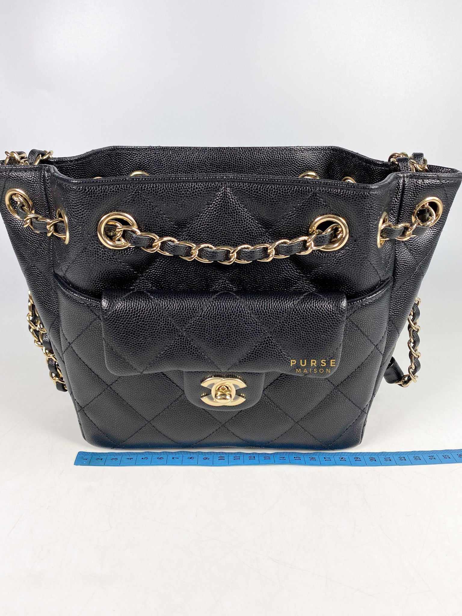Chanel 2021 Seasonal Small Bucket Bag Black Quilted Caviar Leather Light Gold Hardware (microchip)