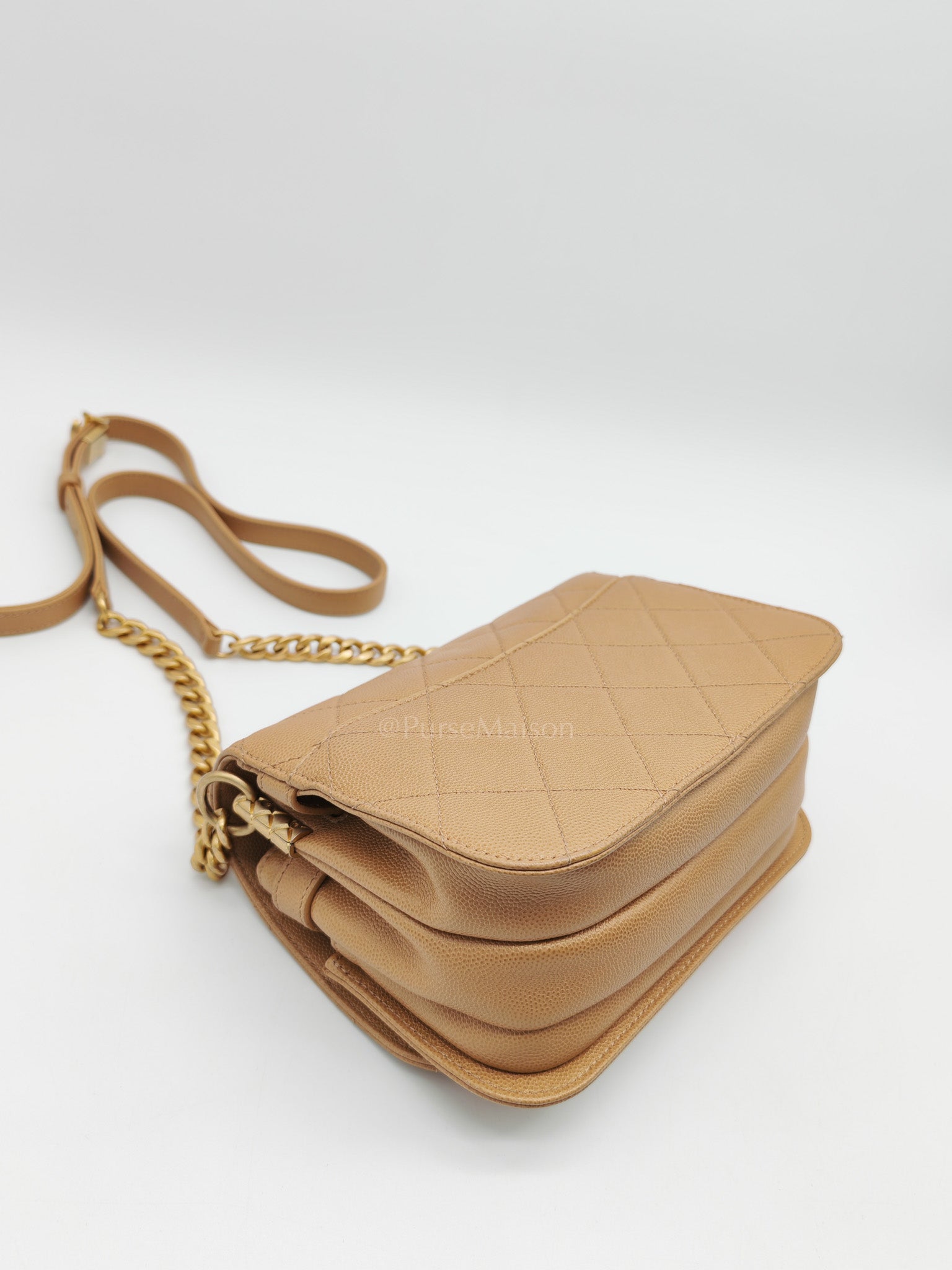 21k Messenger Bag Small in Dark Biege Caviar Leather Aged Gold Hardware (Microchip) | Purse Maison Luxury Bags Shop