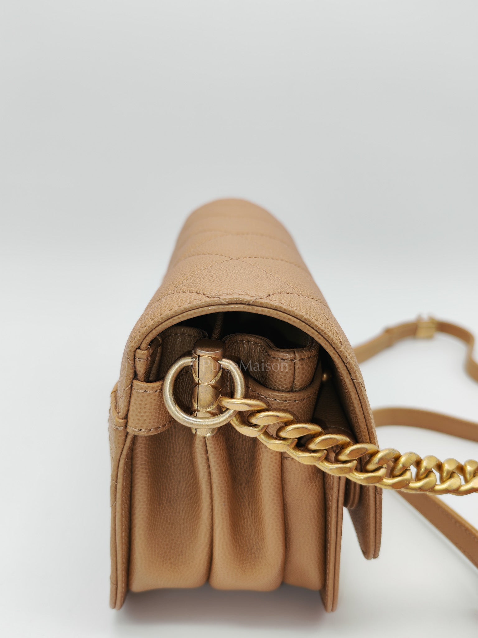 21k Messenger Bag Small in Dark Biege Caviar Leather Aged Gold Hardware (Microchip) | Purse Maison Luxury Bags Shop