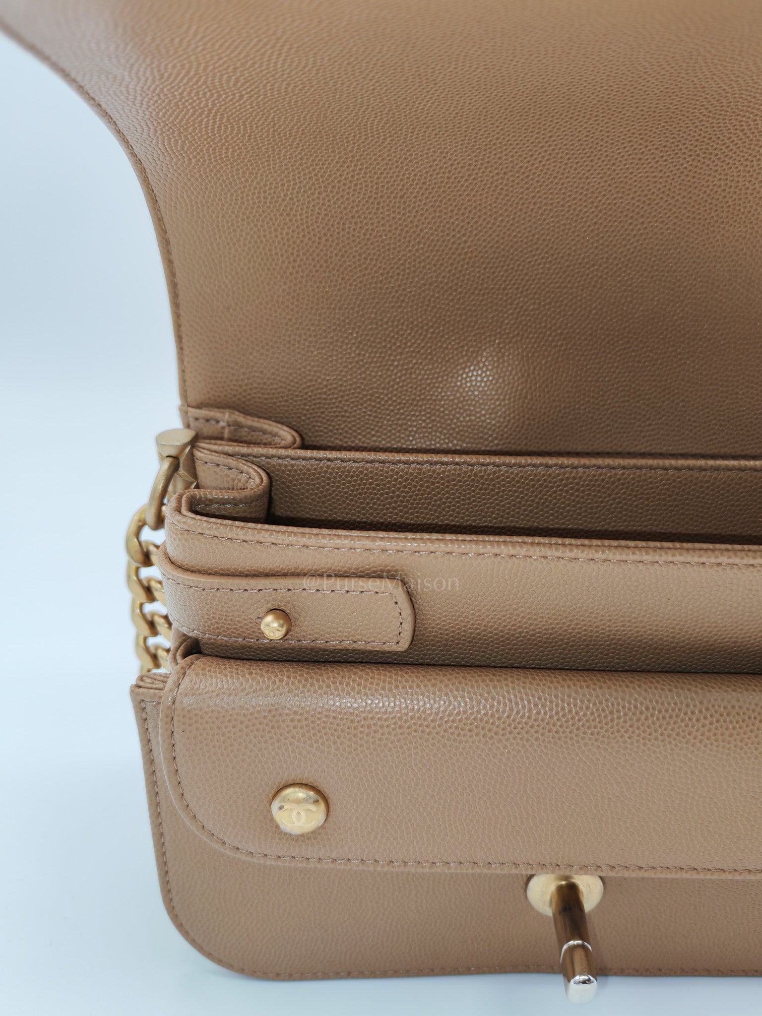 21k Messenger Bag Small in Dark Biege Caviar Leather Aged Gold Hardware (Microchip) | Purse Maison Luxury Bags Shop