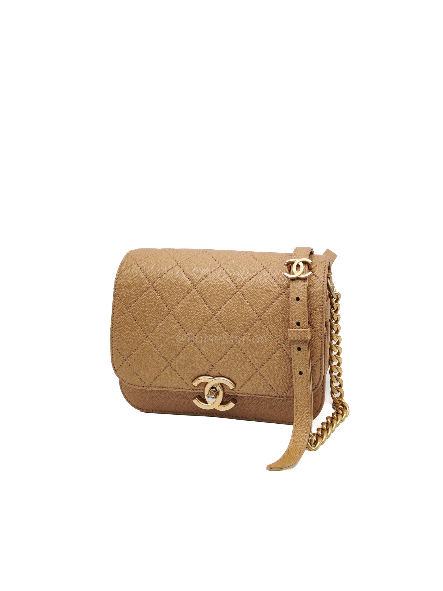 21k Messenger Bag Small in Dark Biege Caviar Leather Aged Gold Hardware (Microchip) | Purse Maison Luxury Bags Shop